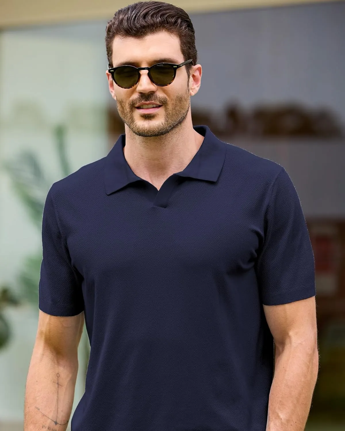 Kallspin Mens Polo Shirts V Neck Knit Polo Lightweight Textured Fabric Short Sleeve Polo Shirt Slim Fit