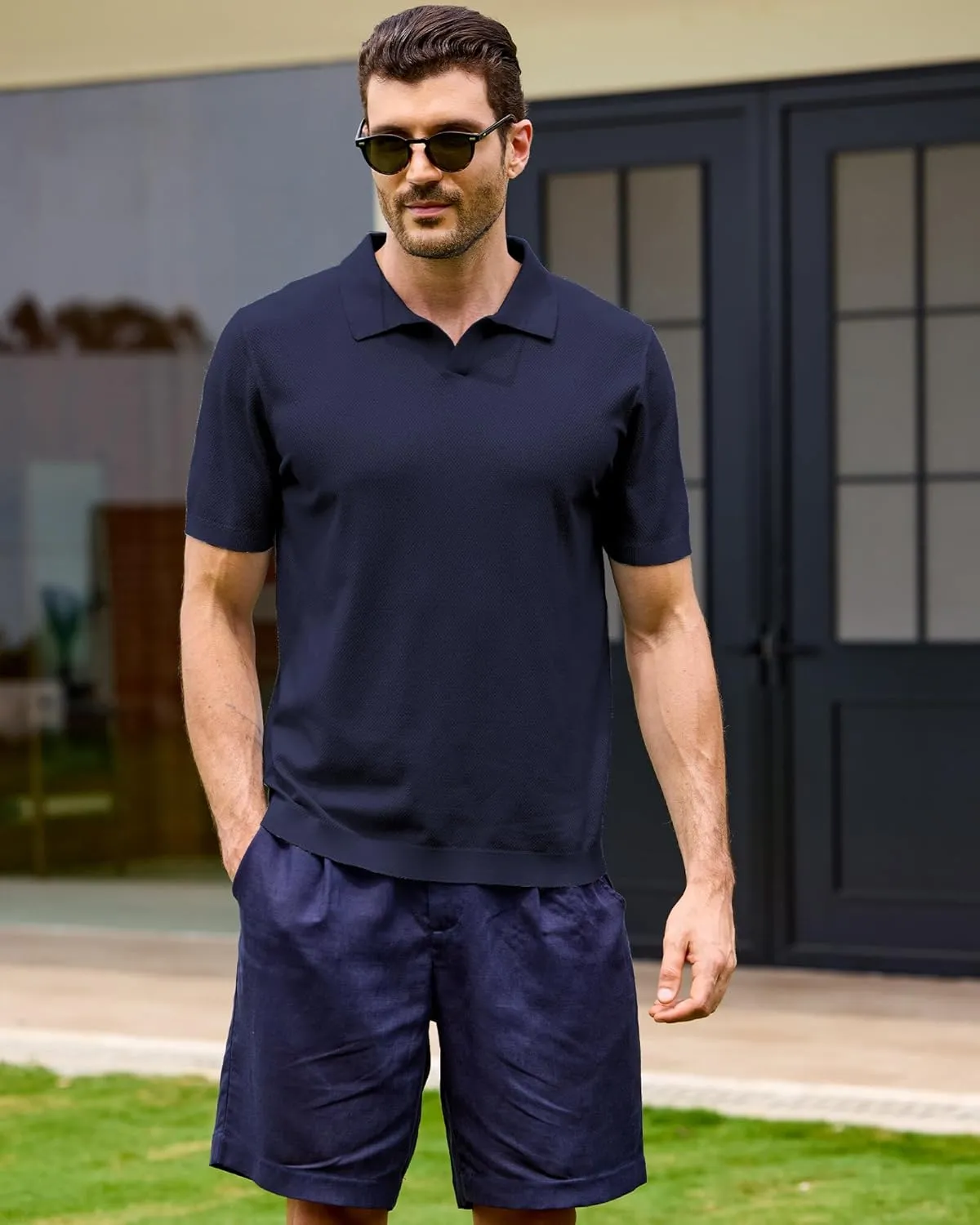 Kallspin Mens Polo Shirts V Neck Knit Polo Lightweight Textured Fabric Short Sleeve Polo Shirt Slim Fit