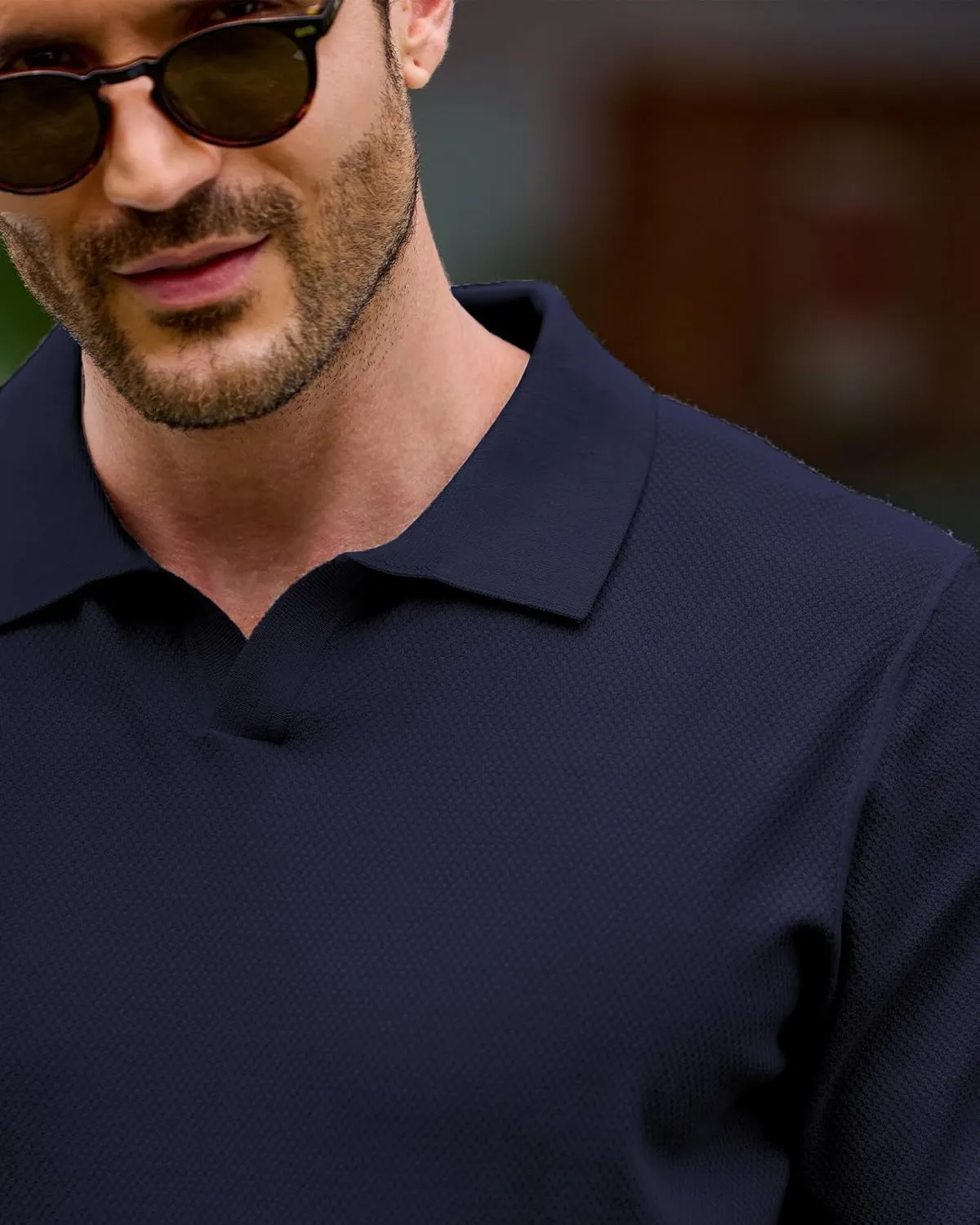 Kallspin Mens Polo Shirts V Neck Knit Polo Lightweight Textured Fabric Short Sleeve Polo Shirt Slim Fit