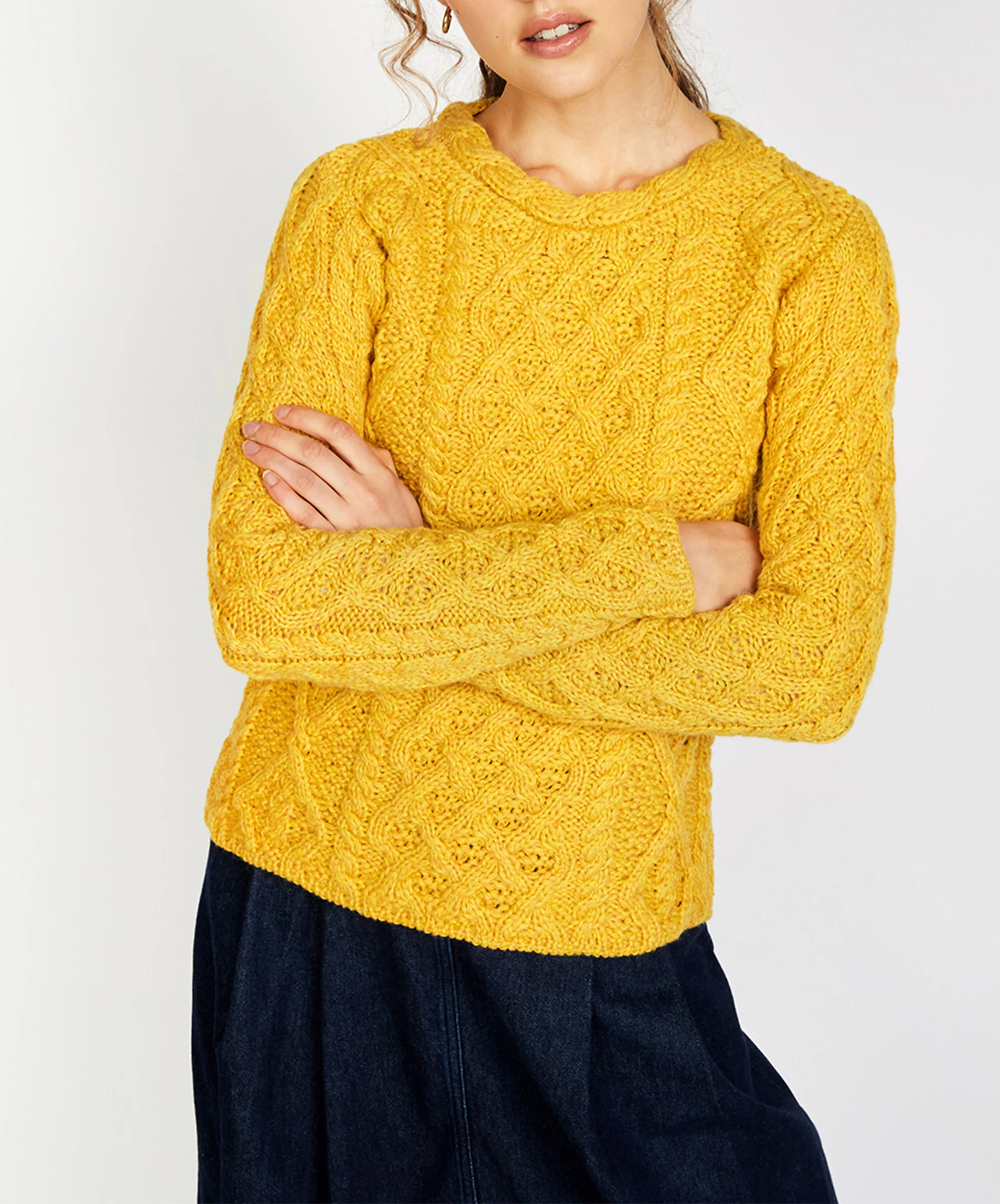 Lambay Lattice Cable Aran Sweater Sunflower