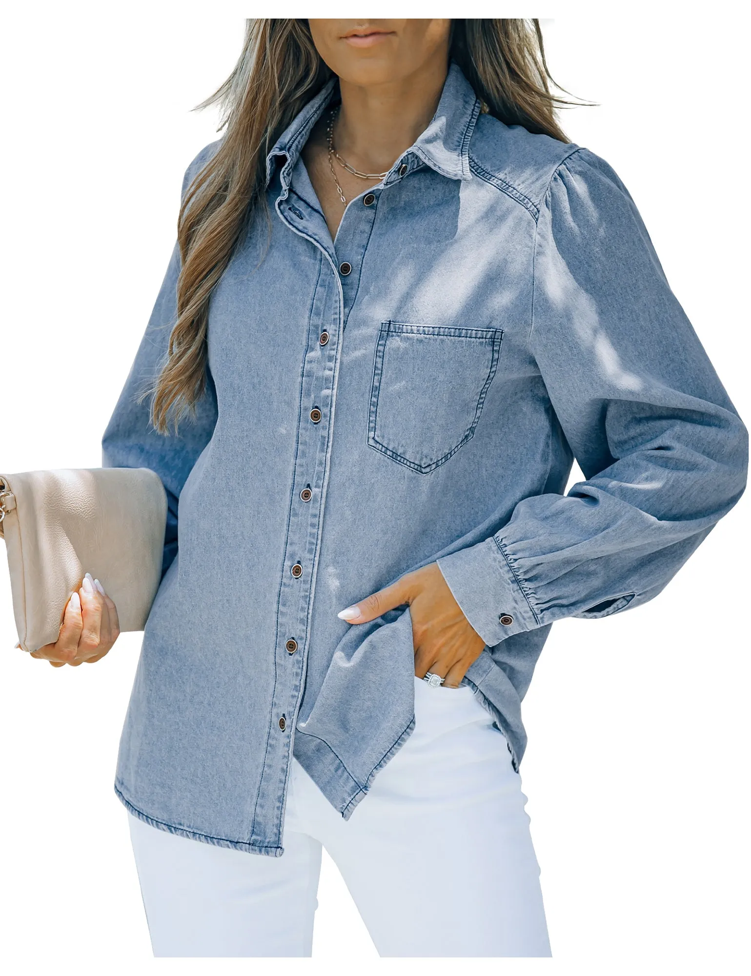 Light Blue Puff Sleeves Button-Down Button-Down Top