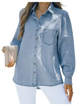 Light Blue Puff Sleeves Button-Down Button-Down Top