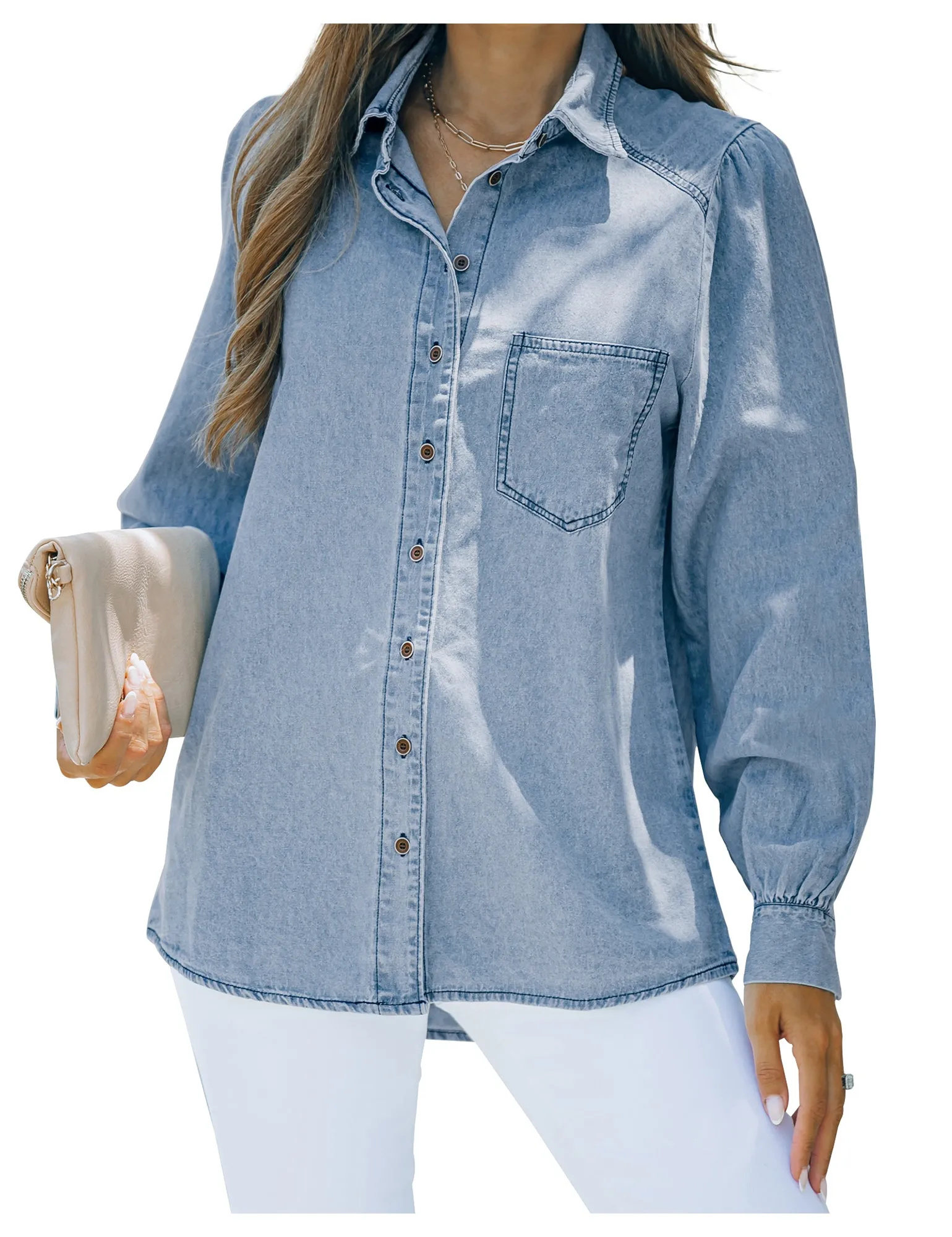 Light Blue Puff Sleeves Button-Down Button-Down Top