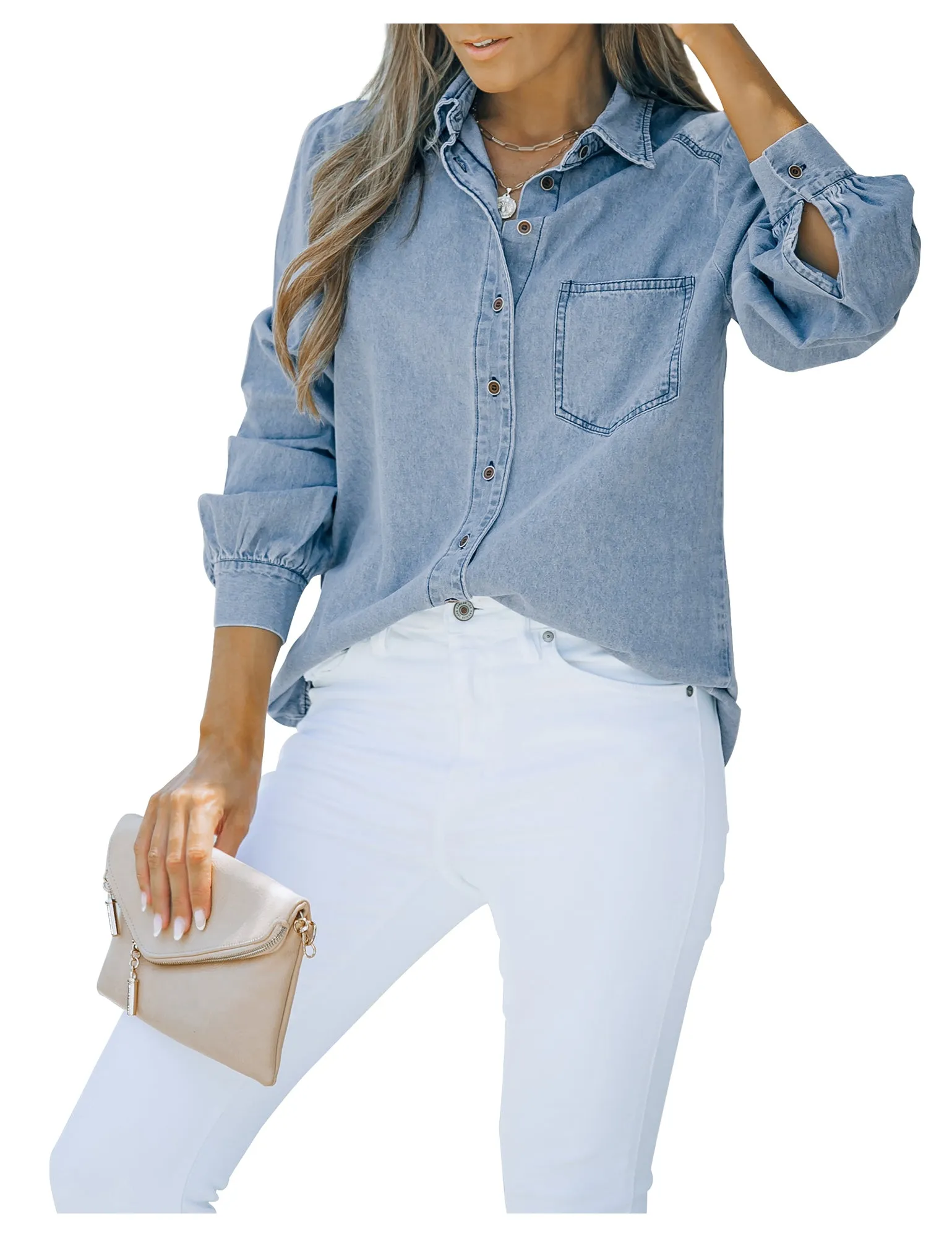 Light Blue Puff Sleeves Button-Down Button-Down Top