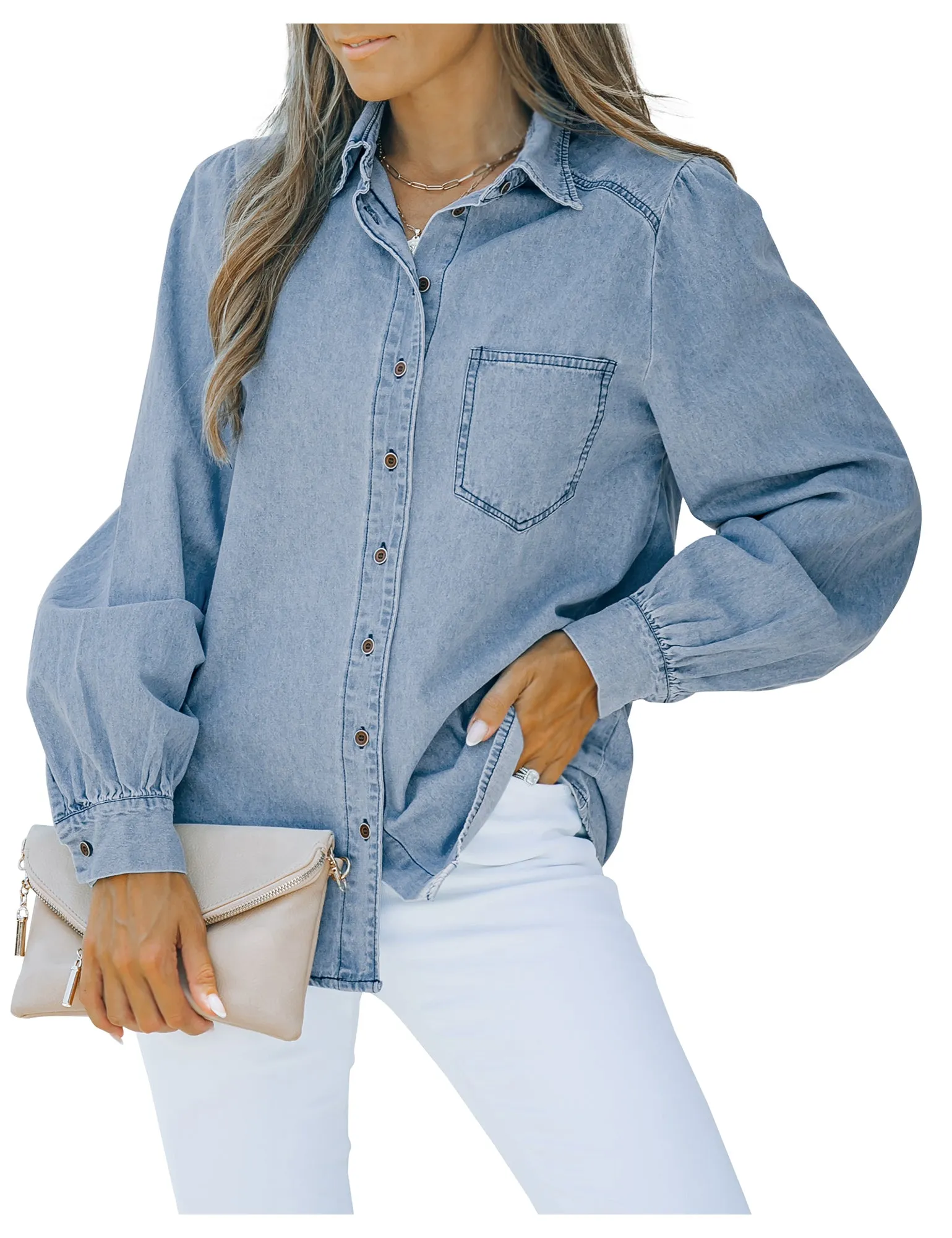 Light Blue Puff Sleeves Button-Down Button-Down Top