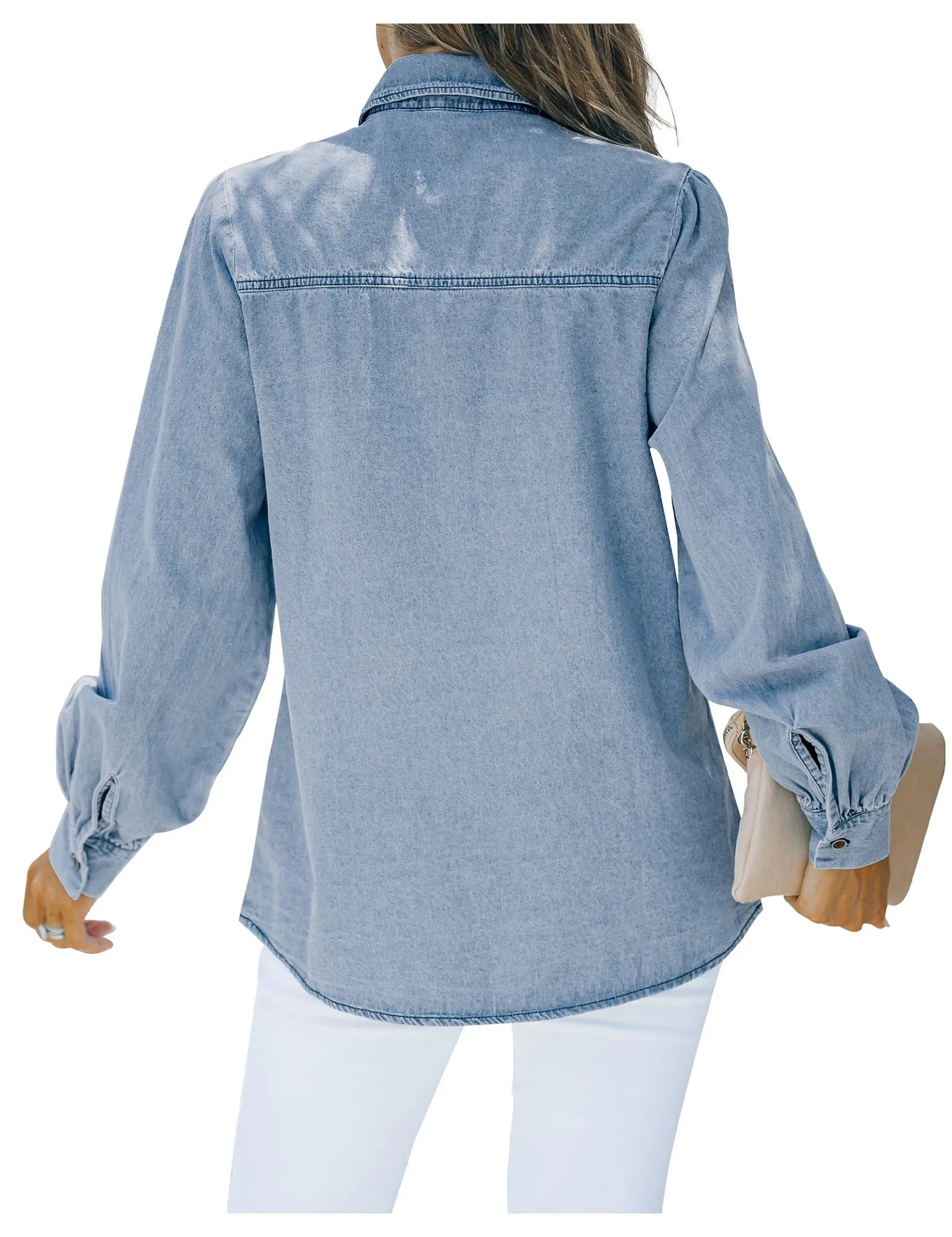 Light Blue Puff Sleeves Button-Down Button-Down Top