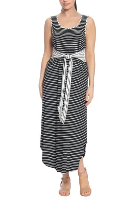 London Times Scoop Nek Sleeveless Tie Waist Stripe Print Rayon Maxi Jersey Dress