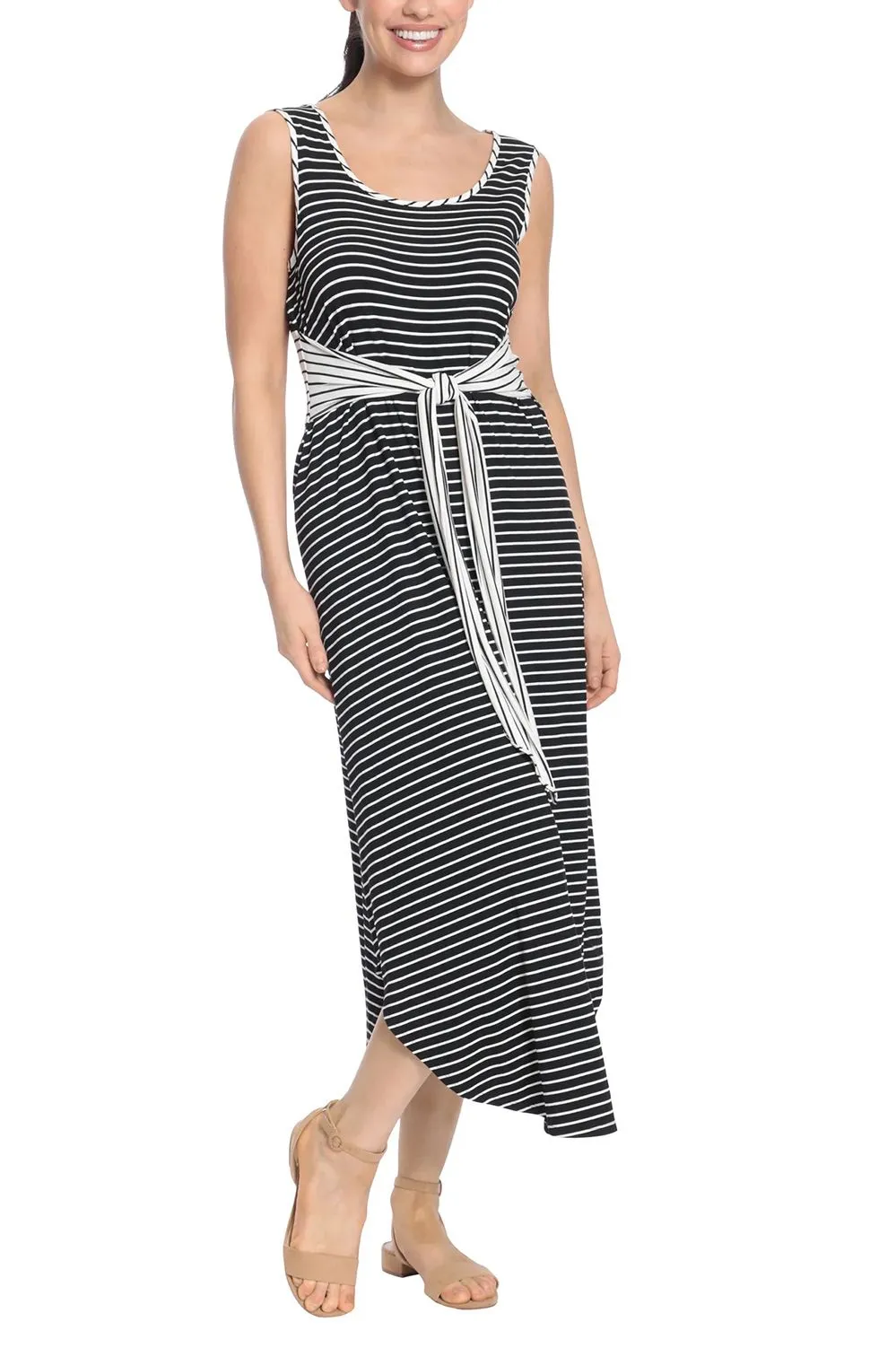 London Times Scoop Nek Sleeveless Tie Waist Stripe Print Rayon Maxi Jersey Dress