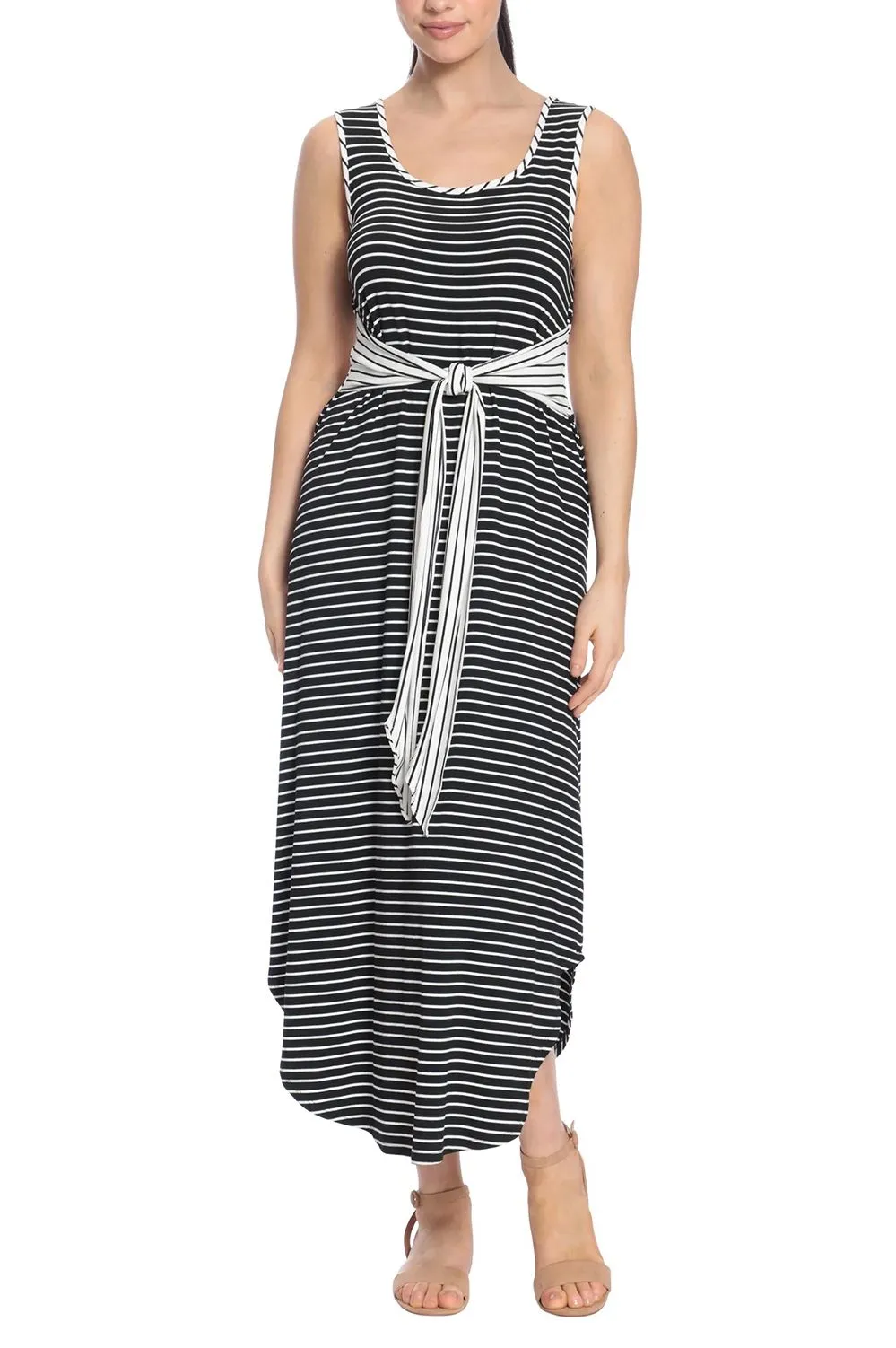 London Times Scoop Nek Sleeveless Tie Waist Stripe Print Rayon Maxi Jersey Dress