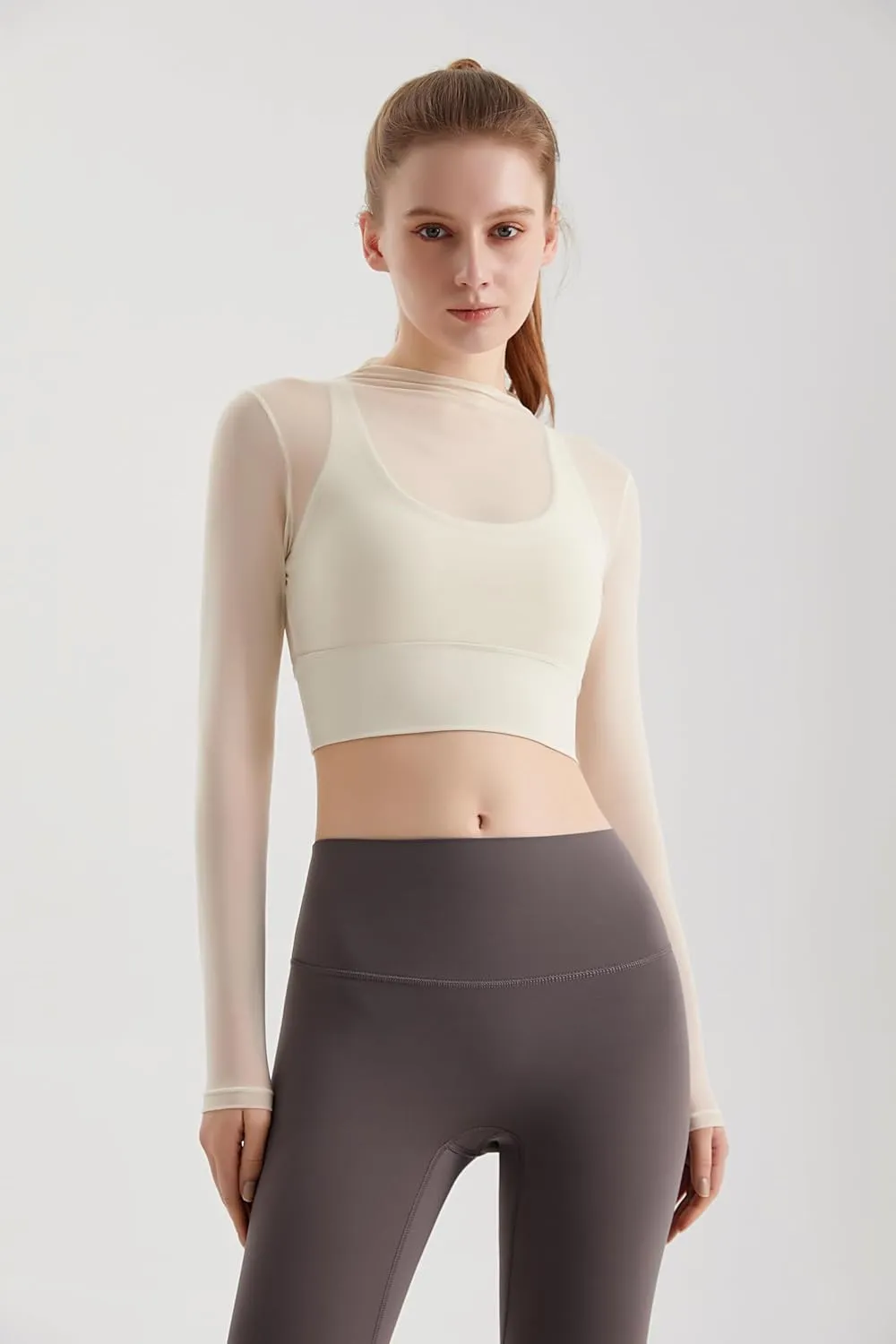 Luna & Sun Sheer Mesh Sexy Crop Top Longsleeve Mock Neck Criss Cross Strappy Back Design Padded Camisole Workout Yoga Fitness