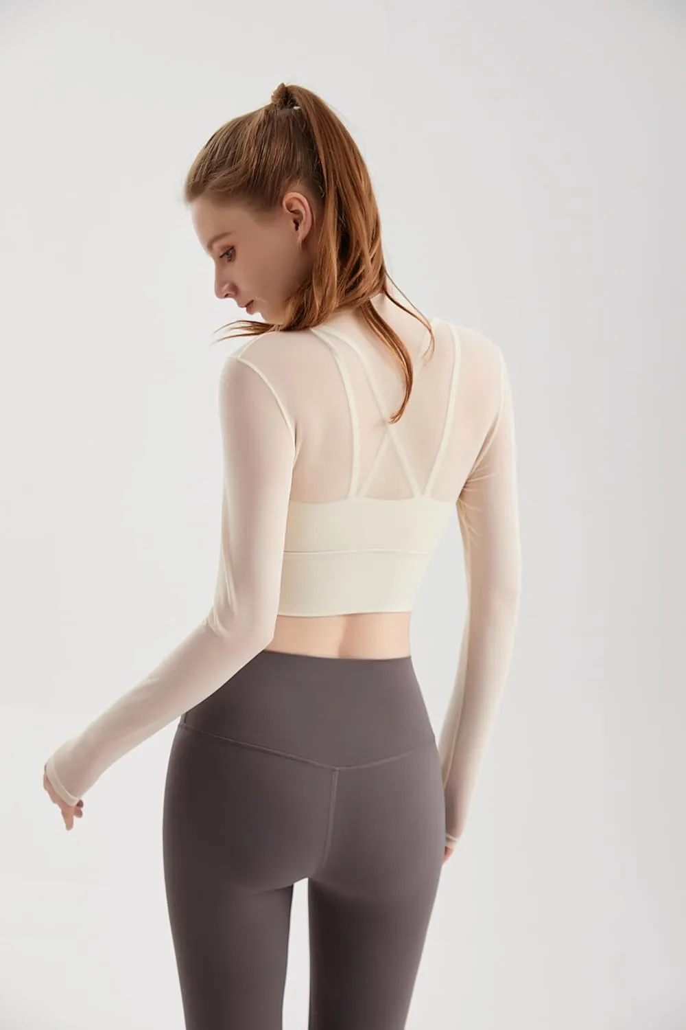 Luna & Sun Sheer Mesh Sexy Crop Top Longsleeve Mock Neck Criss Cross Strappy Back Design Padded Camisole Workout Yoga Fitness
