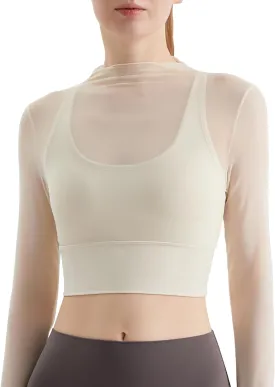 Luna & Sun Sheer Mesh Sexy Crop Top Longsleeve Mock Neck Criss Cross Strappy Back Design Padded Camisole Workout Yoga Fitness
