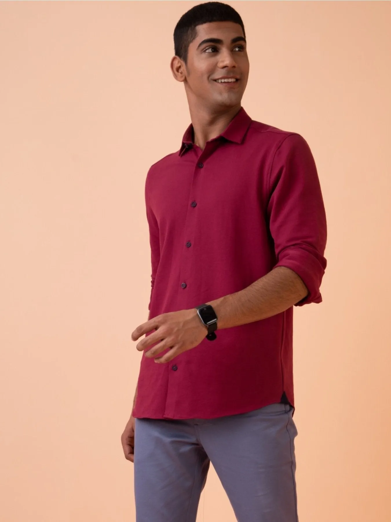 Maroon Cotton Pique Lycra Formal Shirt