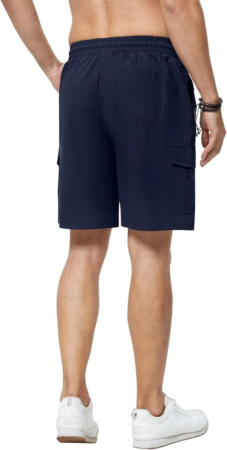 Men's Cargo Shorts Casual Elastic Waist Drawstring Lightweight Cotton Shorts with 5 Pockets for Athletic Camping