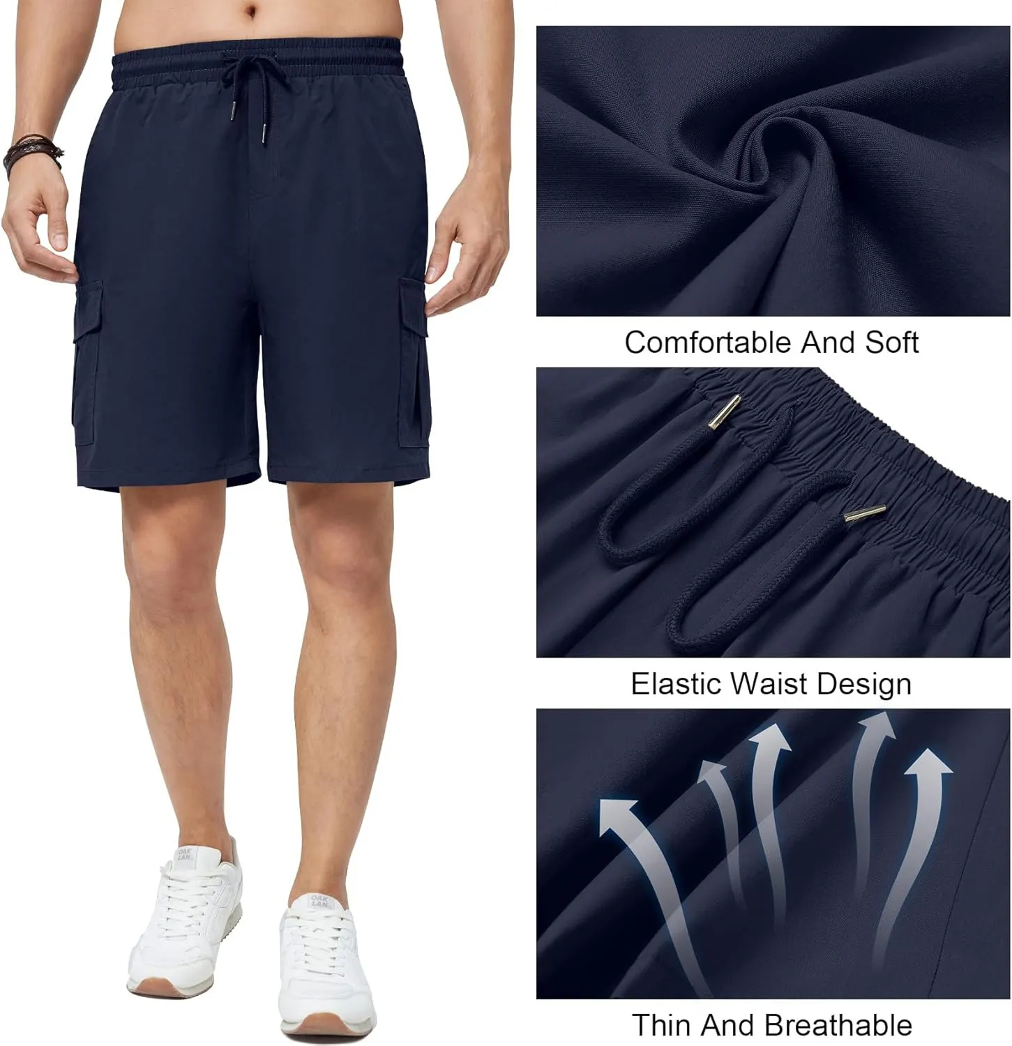 Men's Cargo Shorts Casual Elastic Waist Drawstring Lightweight Cotton Shorts with 5 Pockets for Athletic Camping