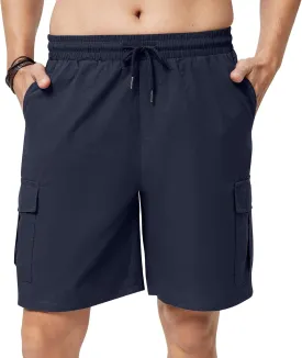 Men's Cargo Shorts Casual Elastic Waist Drawstring Lightweight Cotton Shorts with 5 Pockets for Athletic Camping