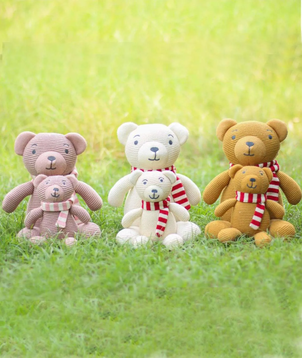 Mumma Bear Cotton Knitted Stuffed Soft Toy (Mustard & Red)