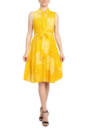 Nanette Lepore Collared Pleated Front Tie Waist Multi Print A-Line Crepe Dress