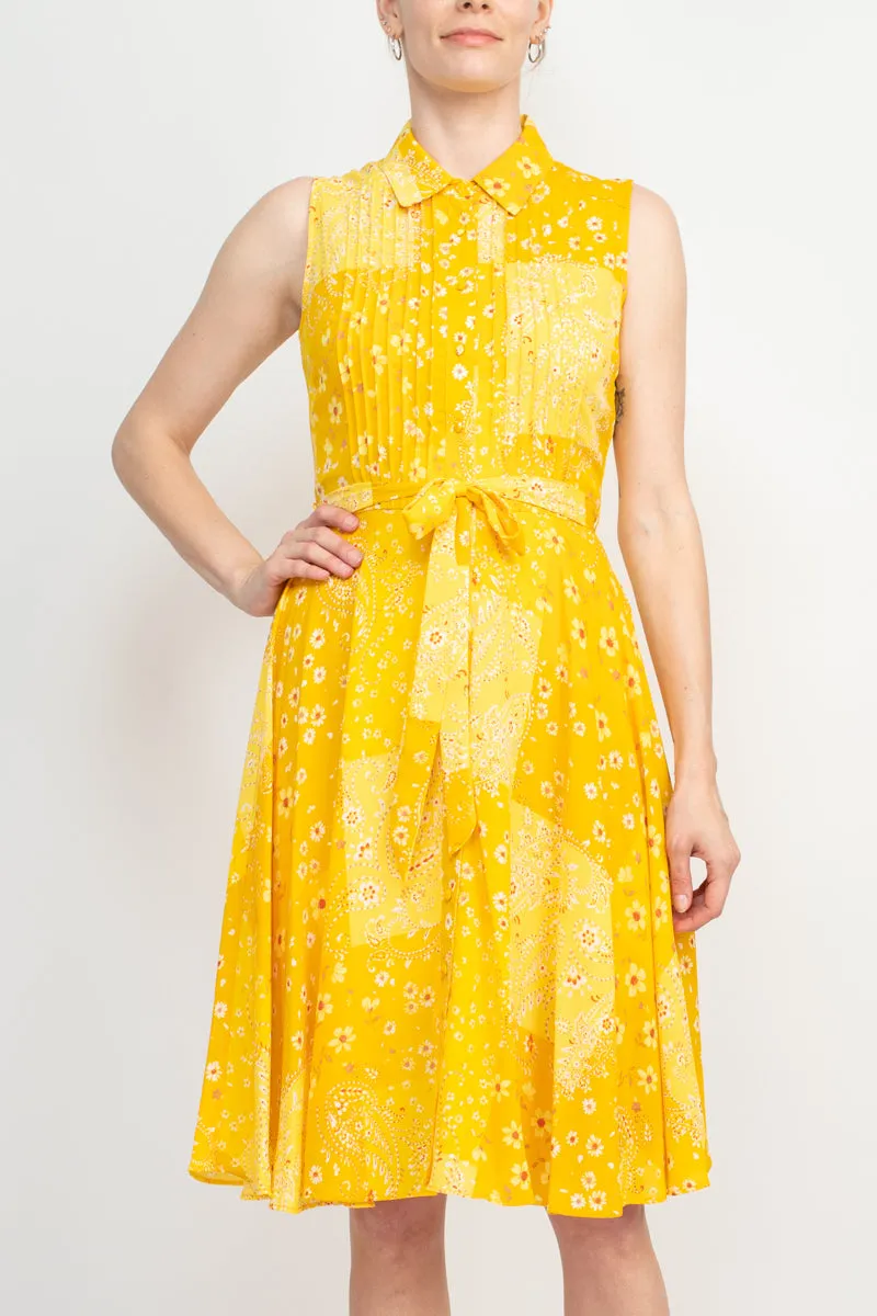 Nanette Lepore Collared Pleated Front Tie Waist Multi Print A-Line Crepe Dress