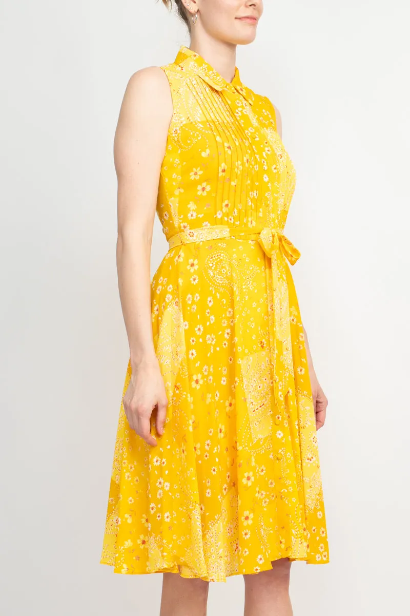Nanette Lepore Collared Pleated Front Tie Waist Multi Print A-Line Crepe Dress
