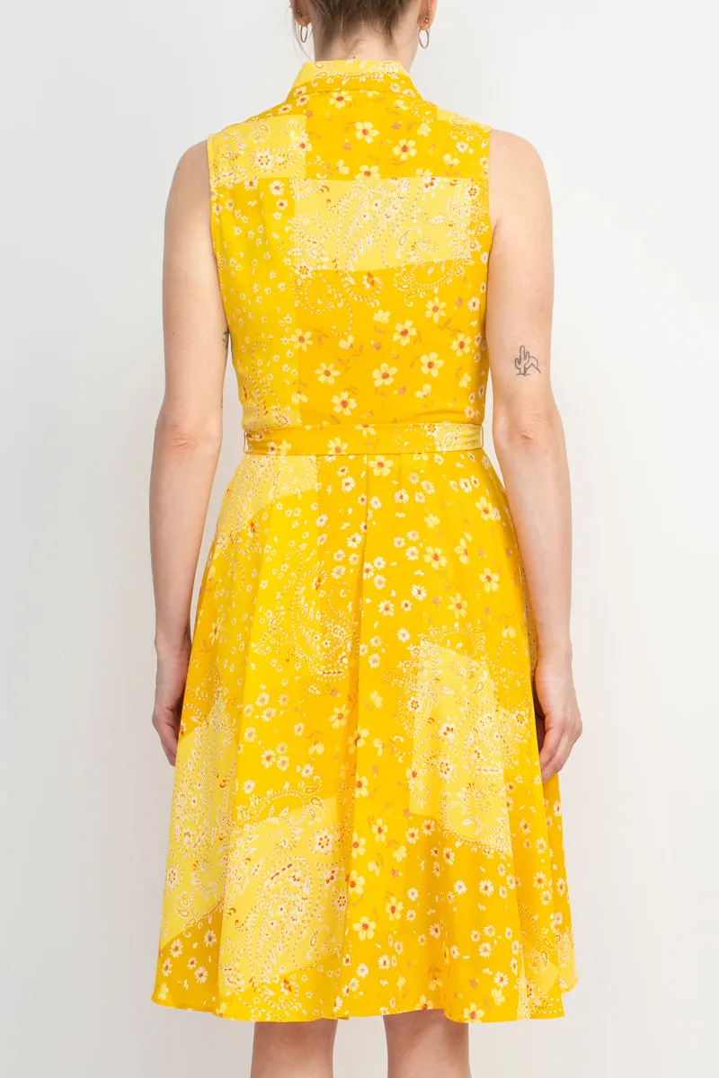 Nanette Lepore Collared Pleated Front Tie Waist Multi Print A-Line Crepe Dress