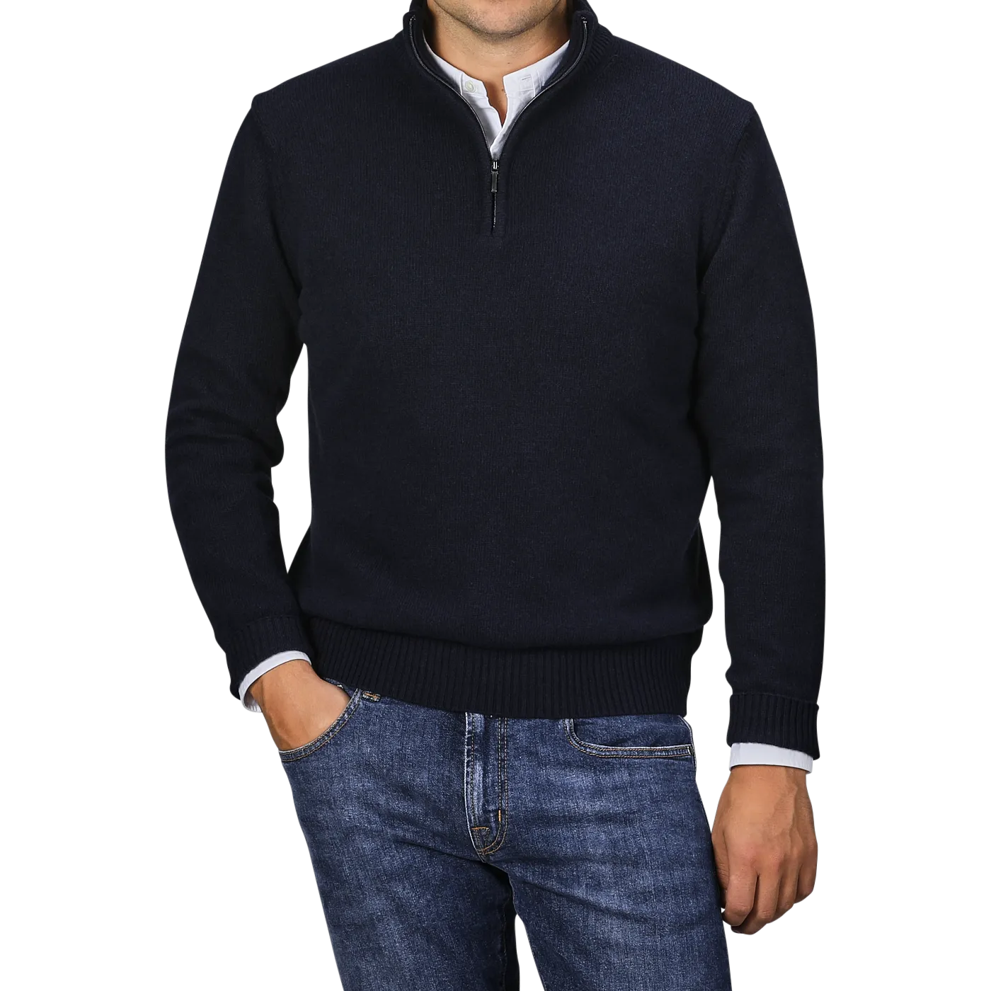 Navy Blue Wool Cashmere Quarter Zip