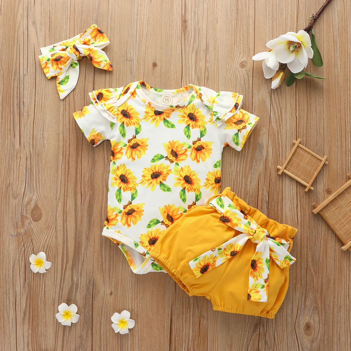 Newborn Set Baby Girl Print Short Sleeve Sunflower