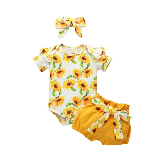 Newborn Set Baby Girl Print Short Sleeve Sunflower