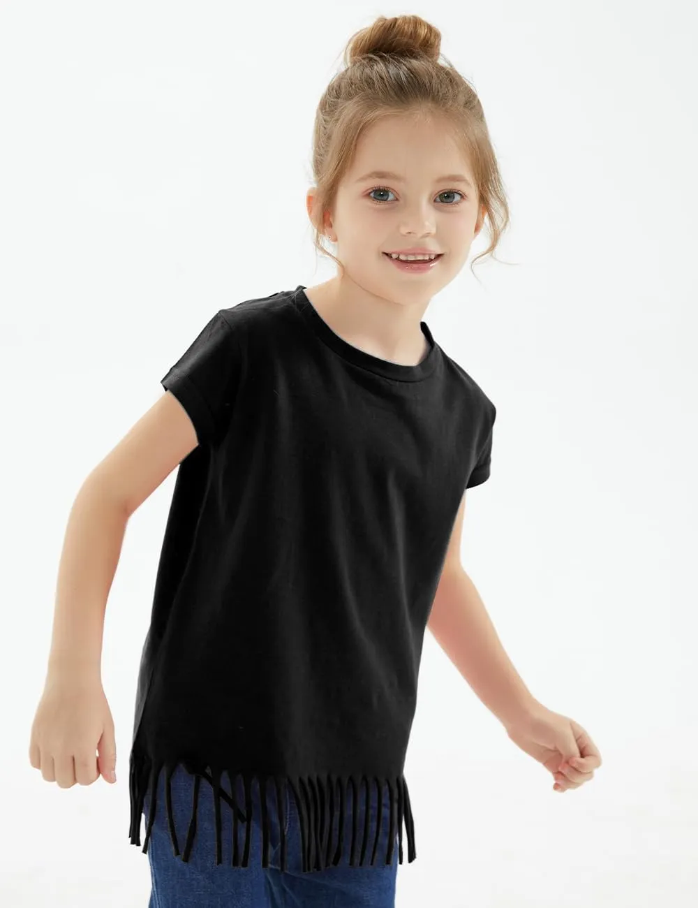 Noomelfish Girls Short Sleeve Fringe T-Shirts Soft Jersey Cotton Tee Tops (3-12 Years)