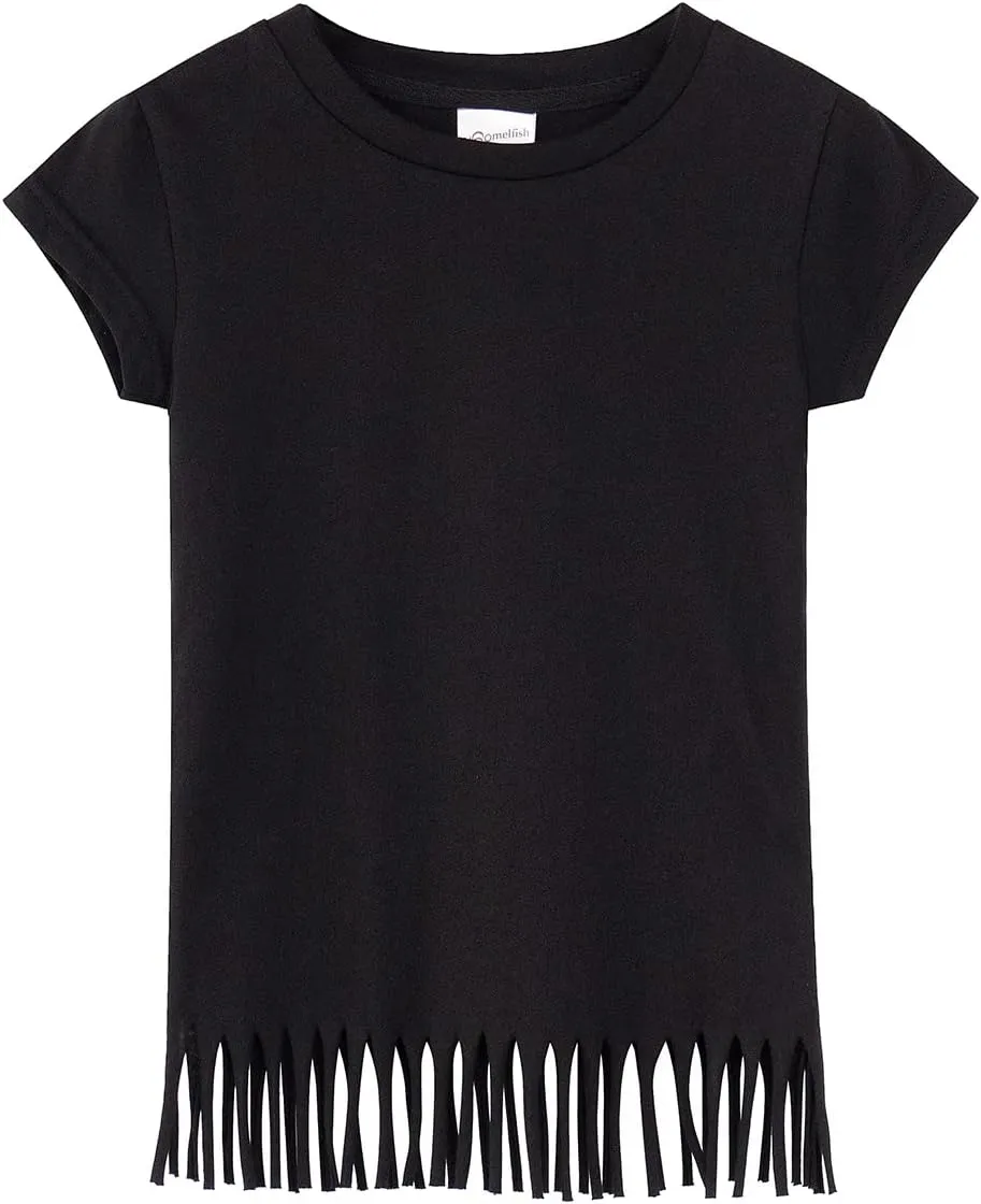 Noomelfish Girls Short Sleeve Fringe T-Shirts Soft Jersey Cotton Tee Tops (3-12 Years)