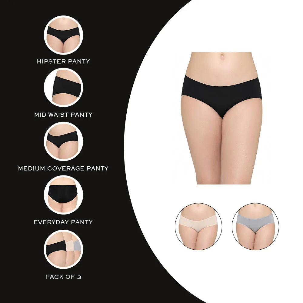Nylon Mid Waist Medium Coverage Everyday Wear Pack of 3 Hipster Panty