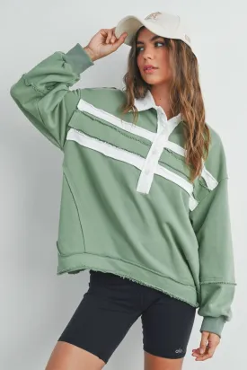 Olive   Ivory Collared Pullover Sweatshirt