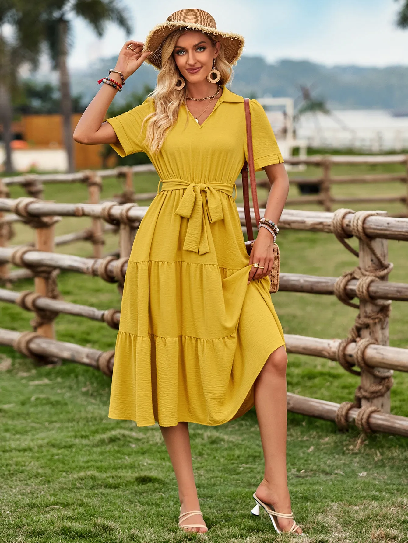 One-Shoulder Solid Color Ruffle Waist Cinching Dress