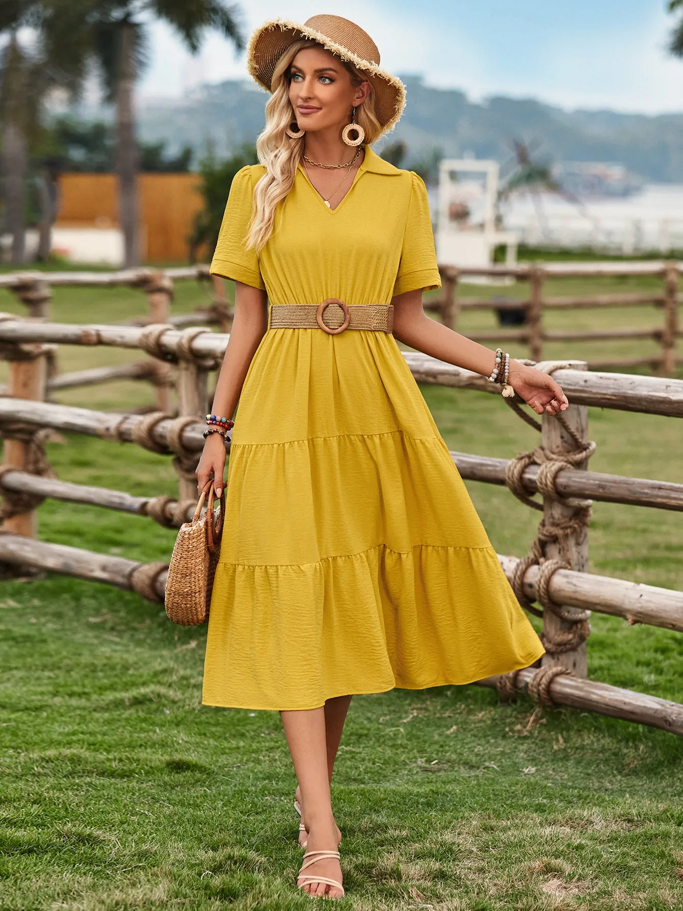 One-Shoulder Solid Color Ruffle Waist Cinching Dress