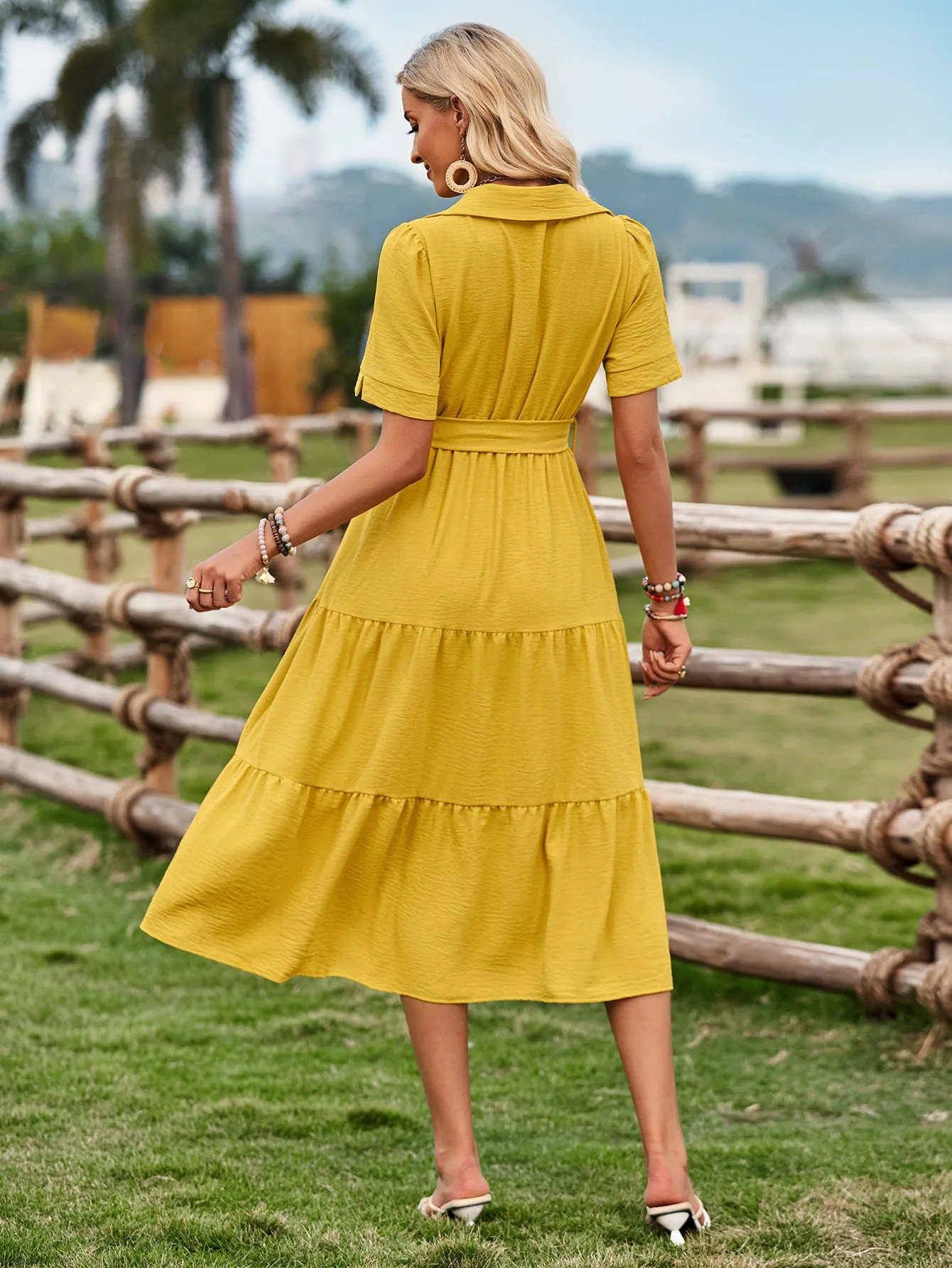 One-Shoulder Solid Color Ruffle Waist Cinching Dress