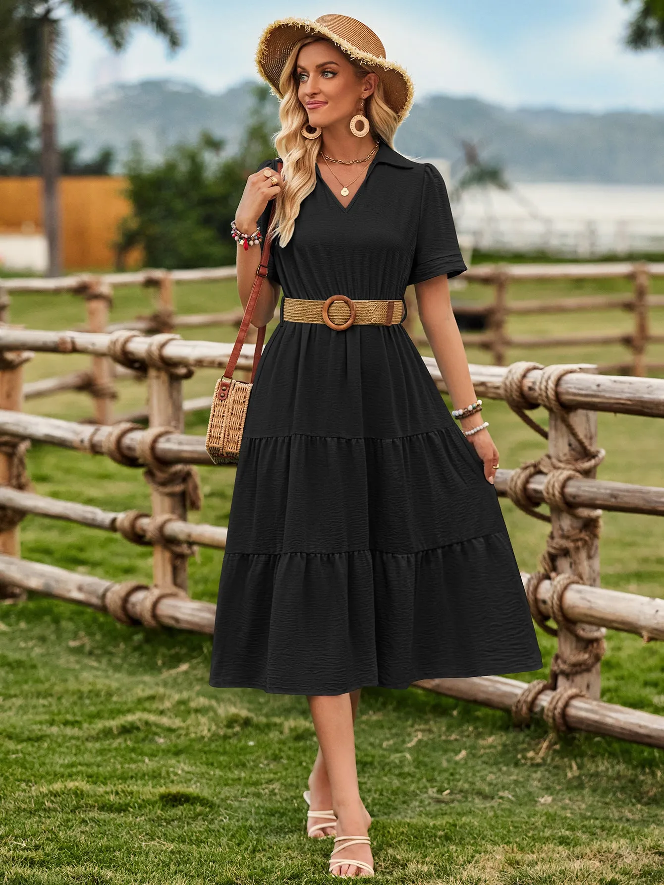 One-Shoulder Solid Color Ruffle Waist Cinching Dress