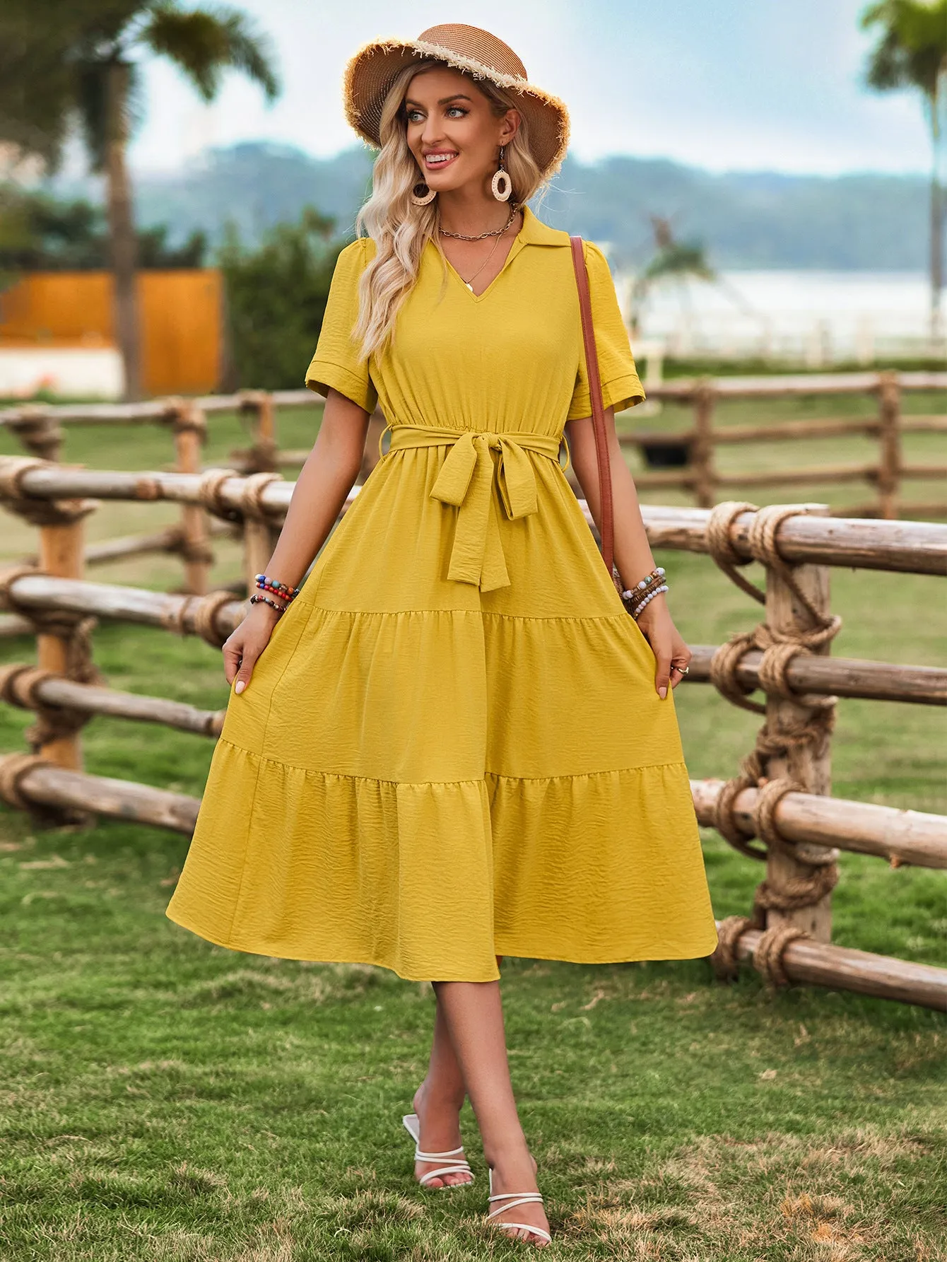 One-Shoulder Solid Color Ruffle Waist Cinching Dress