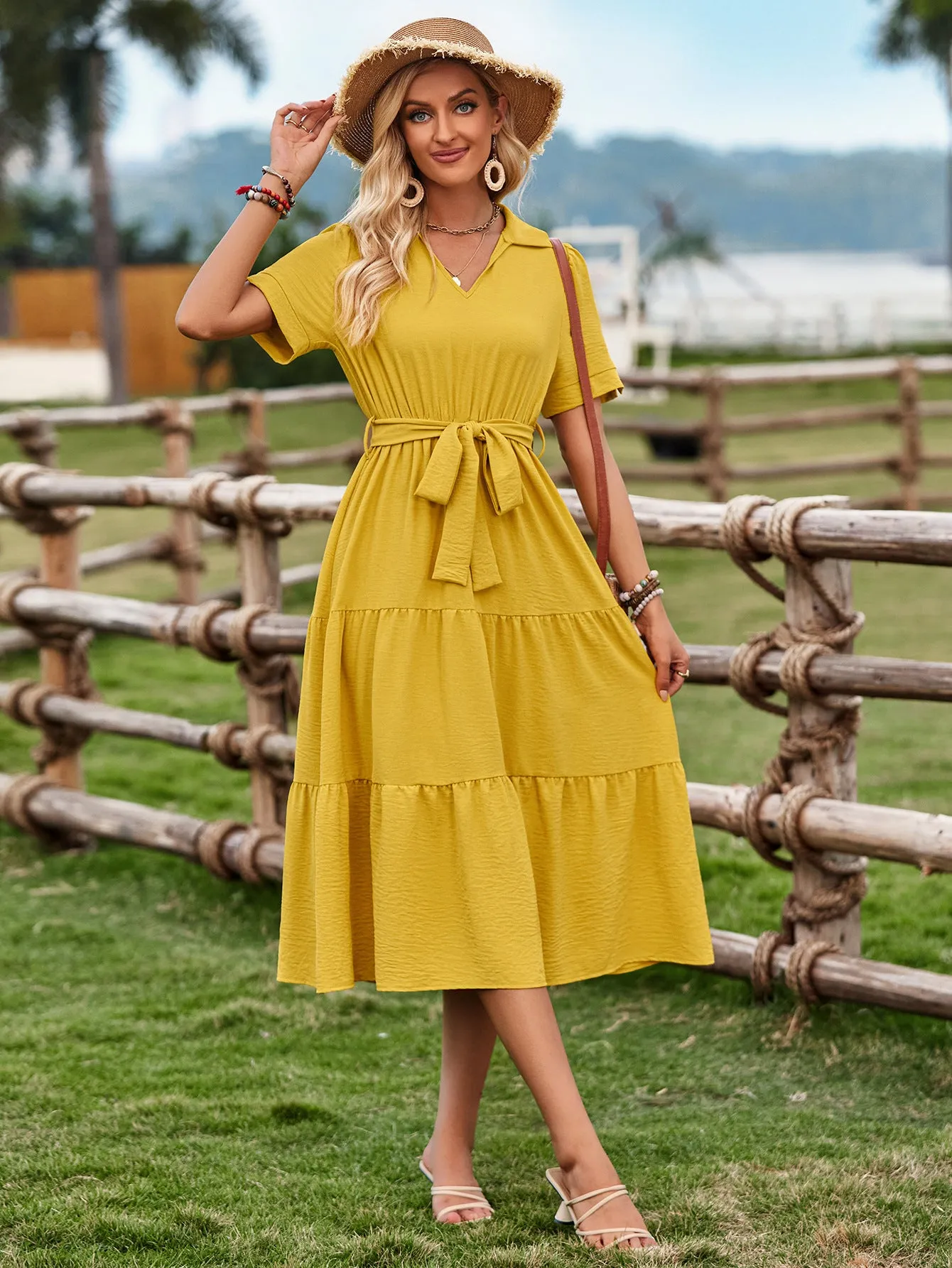 One-Shoulder Solid Color Ruffle Waist Cinching Dress