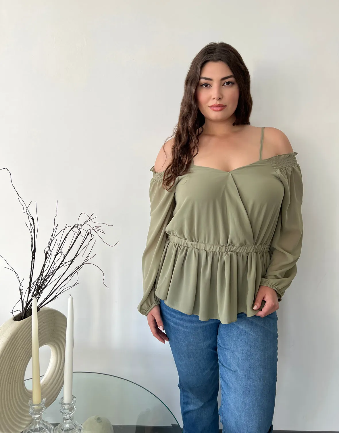 Plus Size Chiffon Peplum Off Shoulder Blouse
