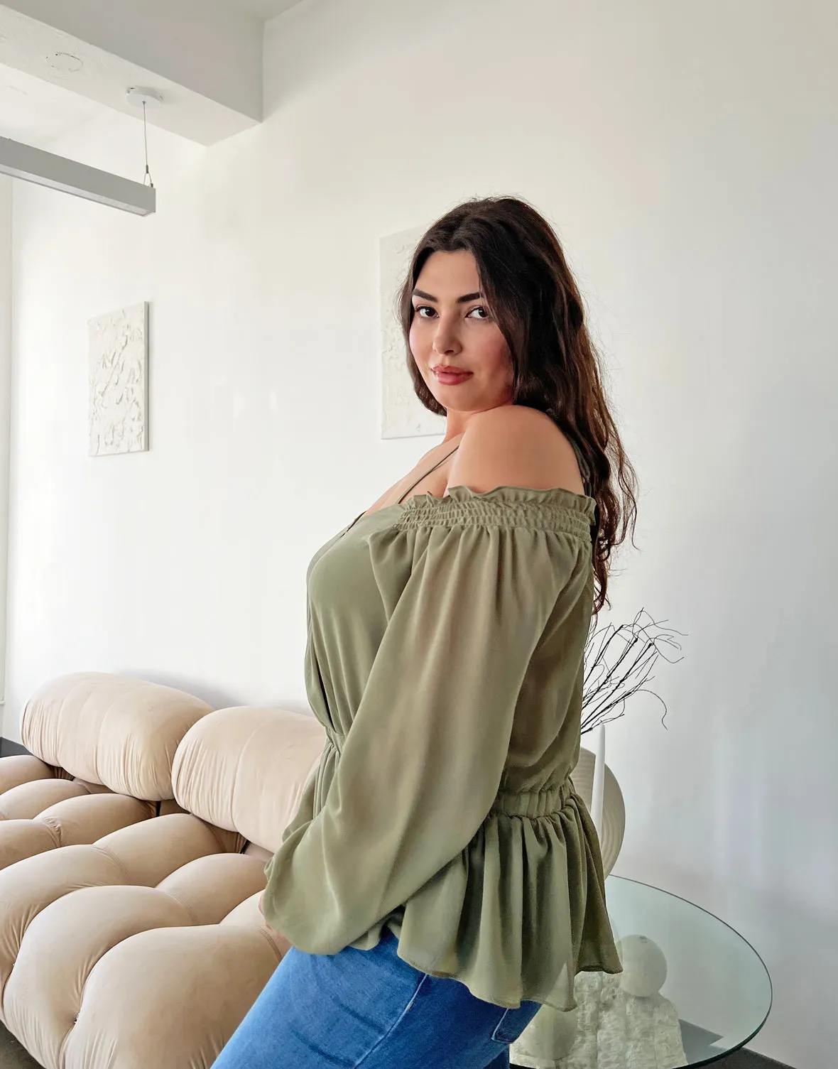 Plus Size Chiffon Peplum Off Shoulder Blouse