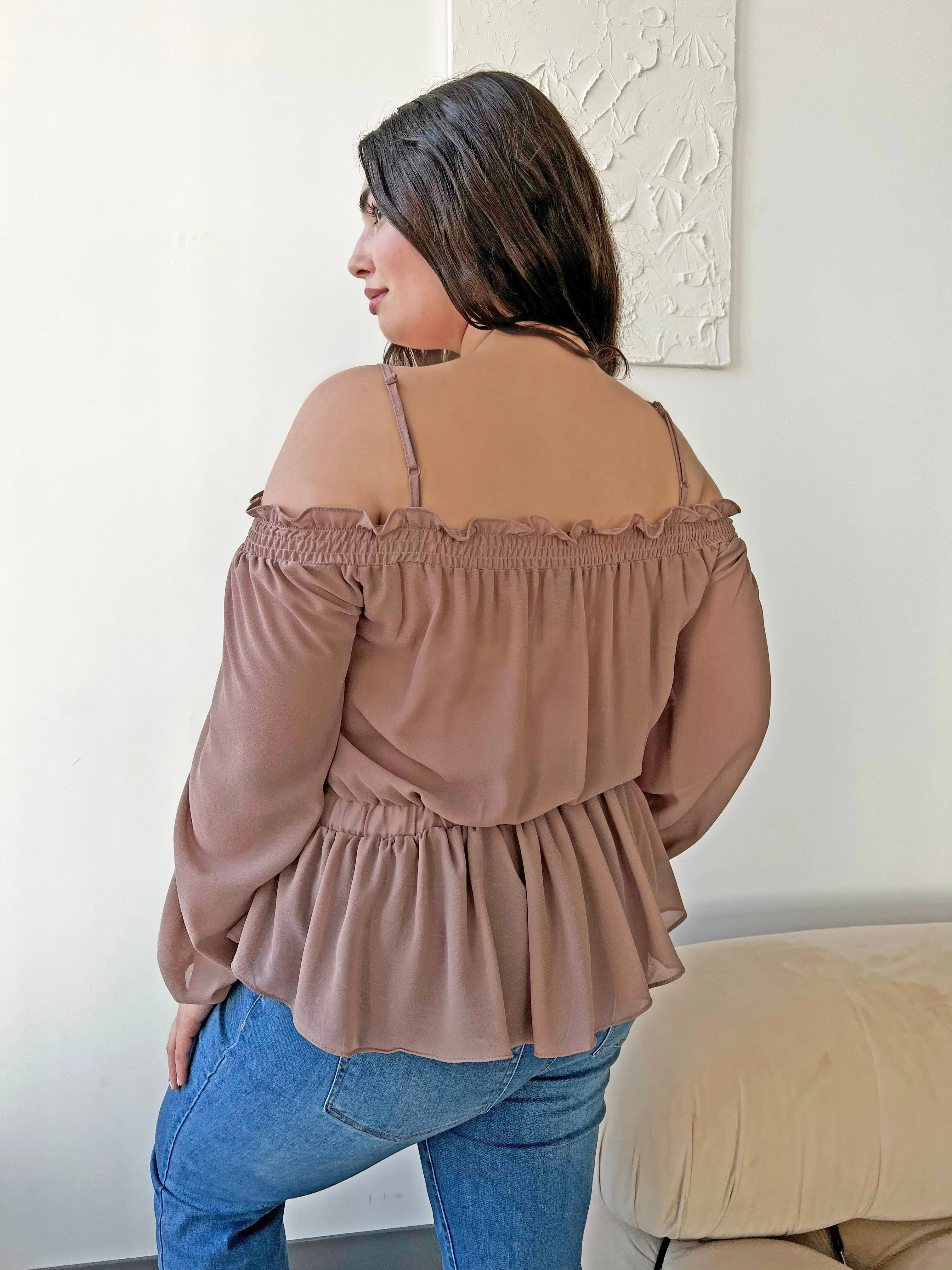 Plus Size Chiffon Peplum Off Shoulder Blouse