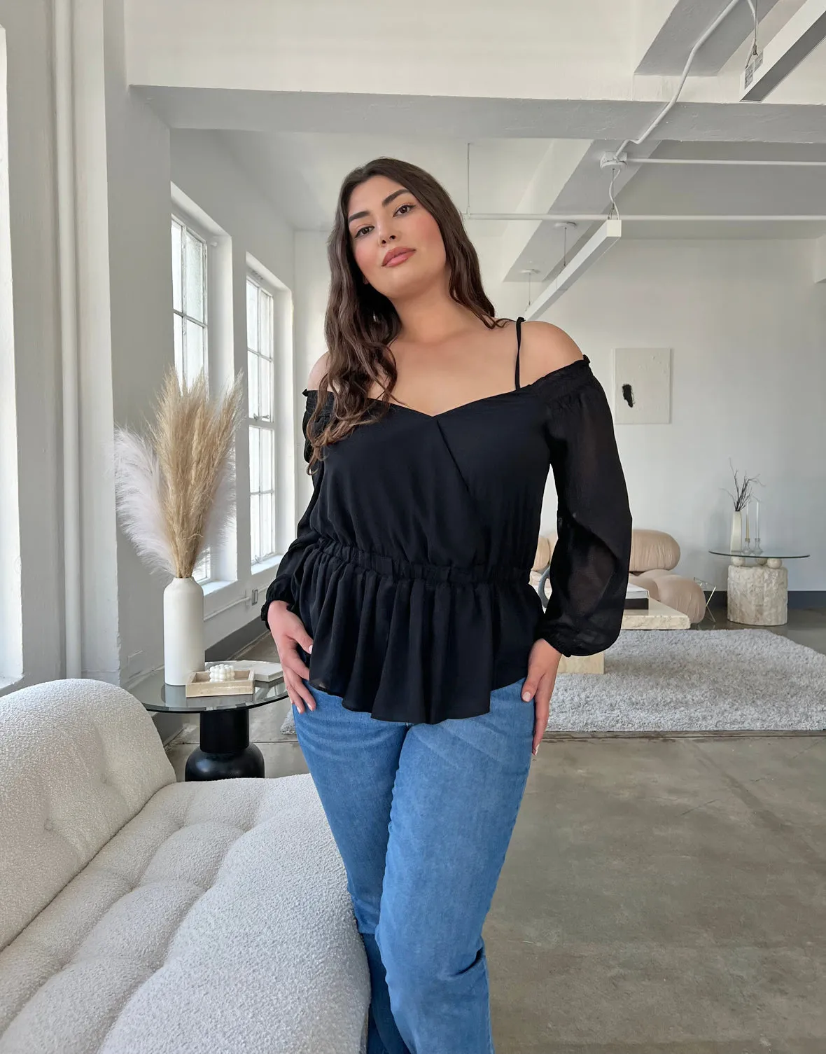 Plus Size Chiffon Peplum Off Shoulder Blouse