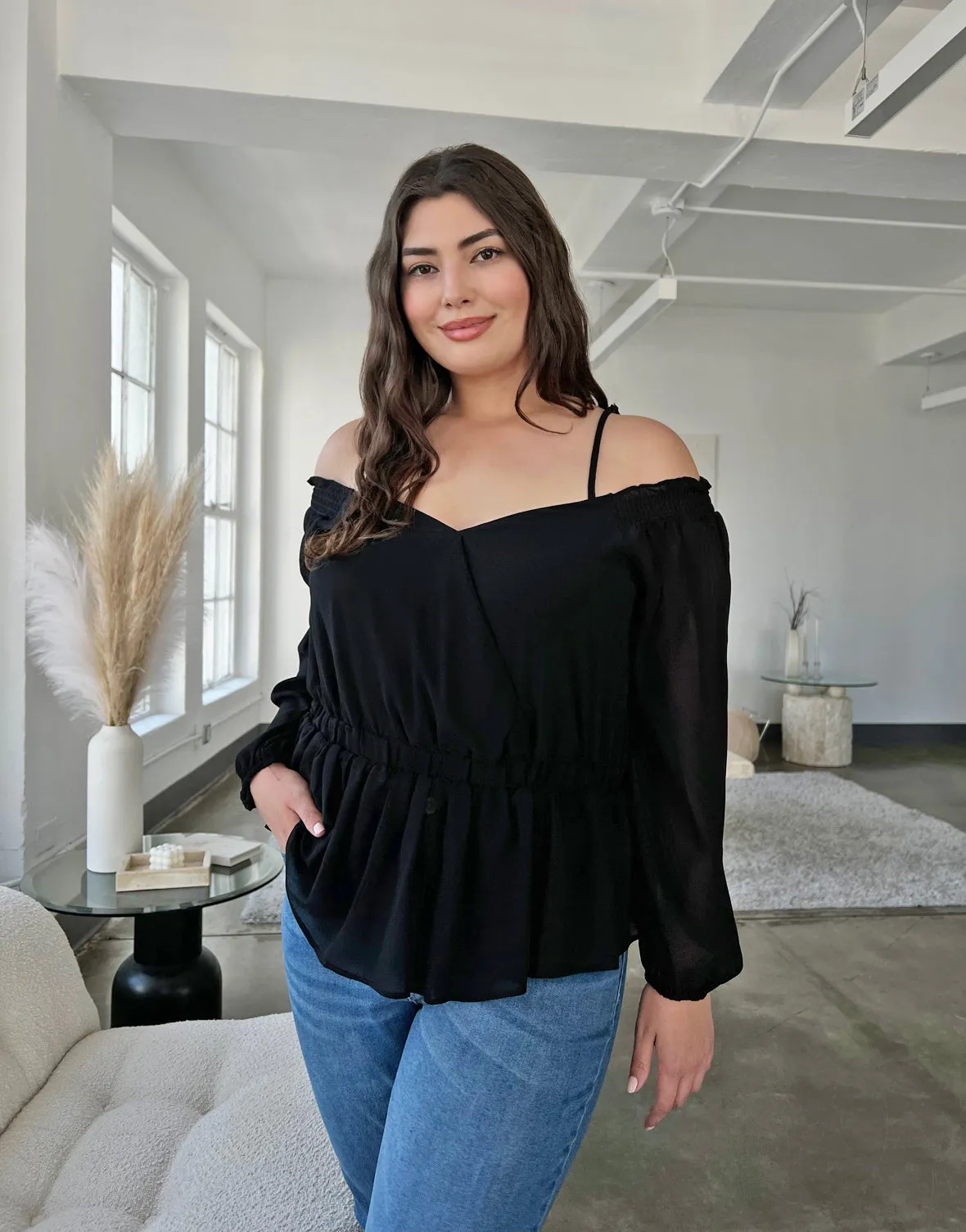 Plus Size Chiffon Peplum Off Shoulder Blouse