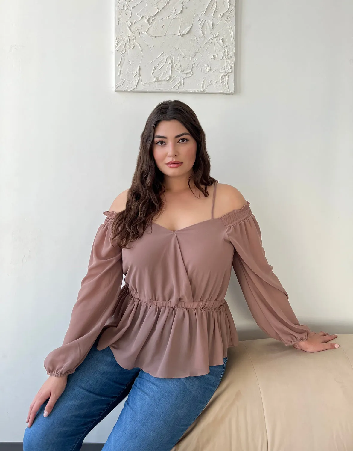 Plus Size Chiffon Peplum Off Shoulder Blouse