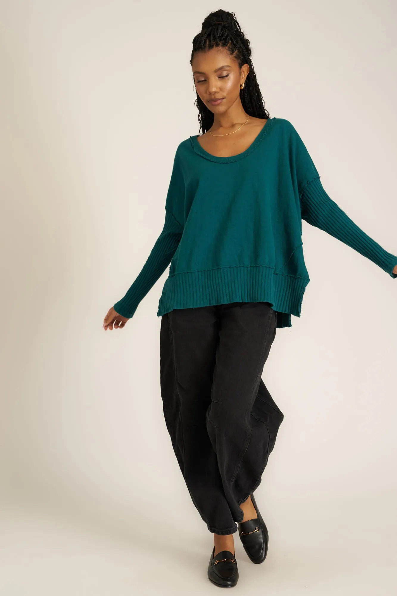 Quinn Mixed Fabric Oversized Pullover - Pacific Teal