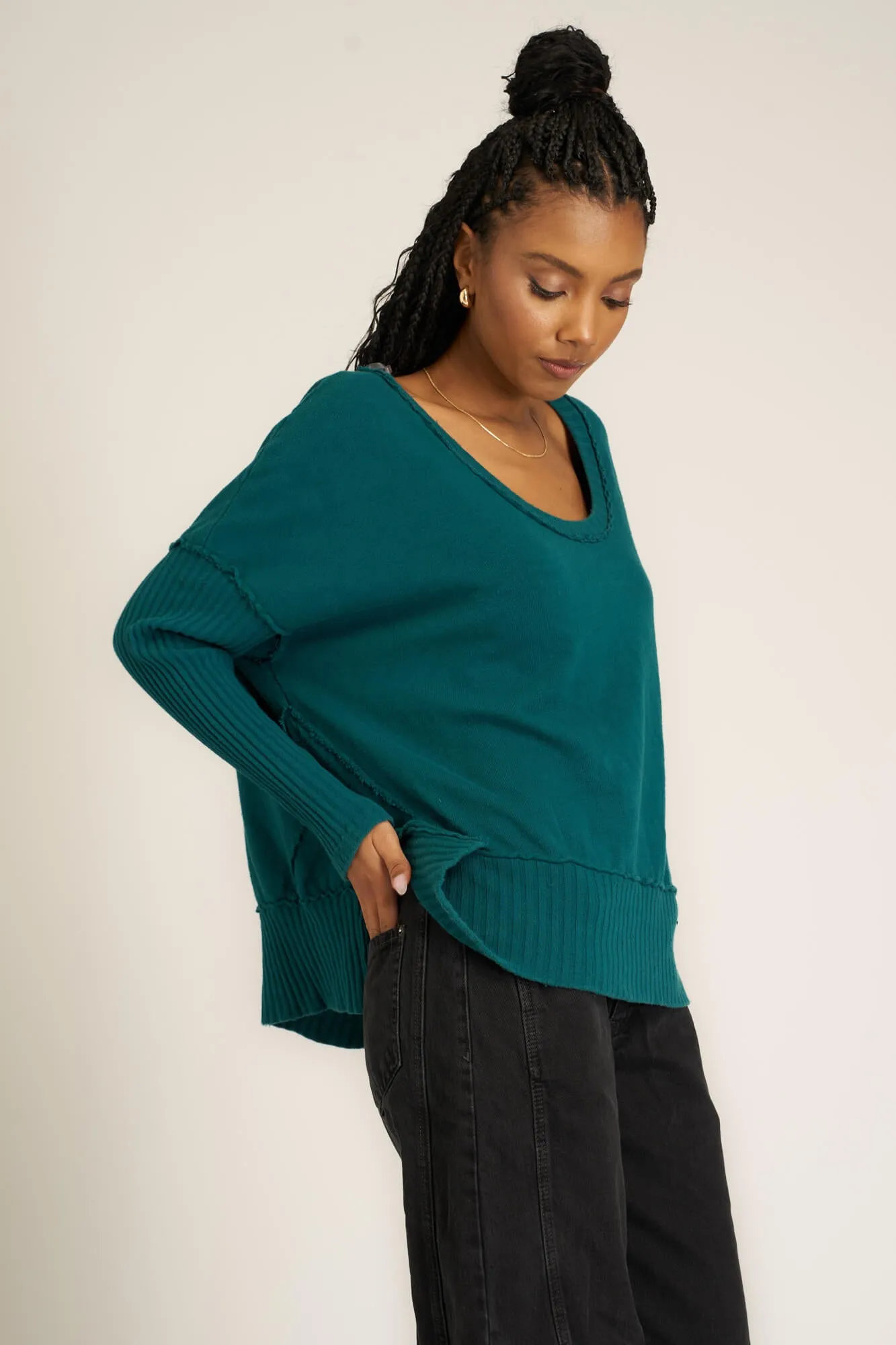 Quinn Mixed Fabric Oversized Pullover - Pacific Teal