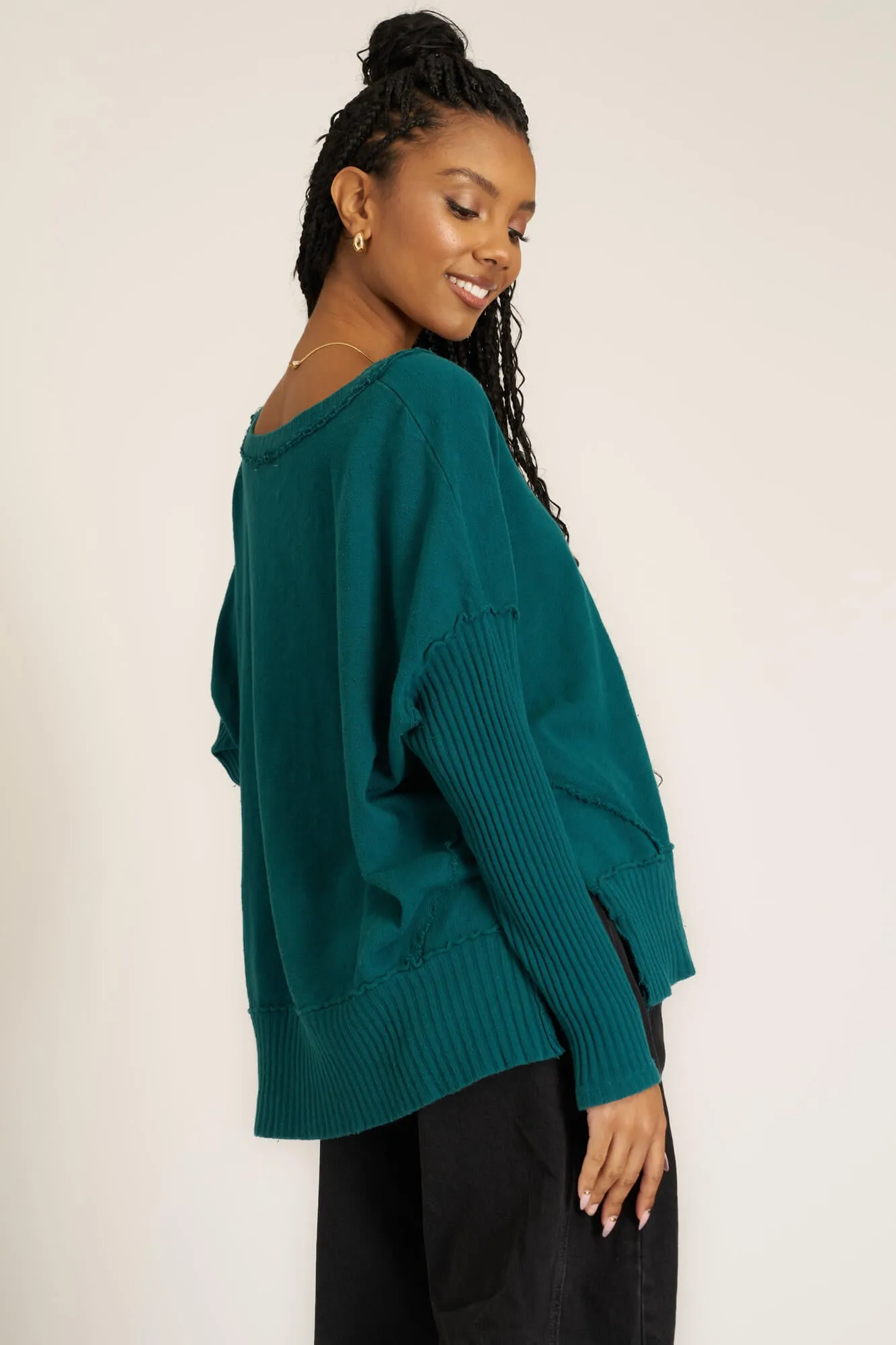 Quinn Mixed Fabric Oversized Pullover - Pacific Teal