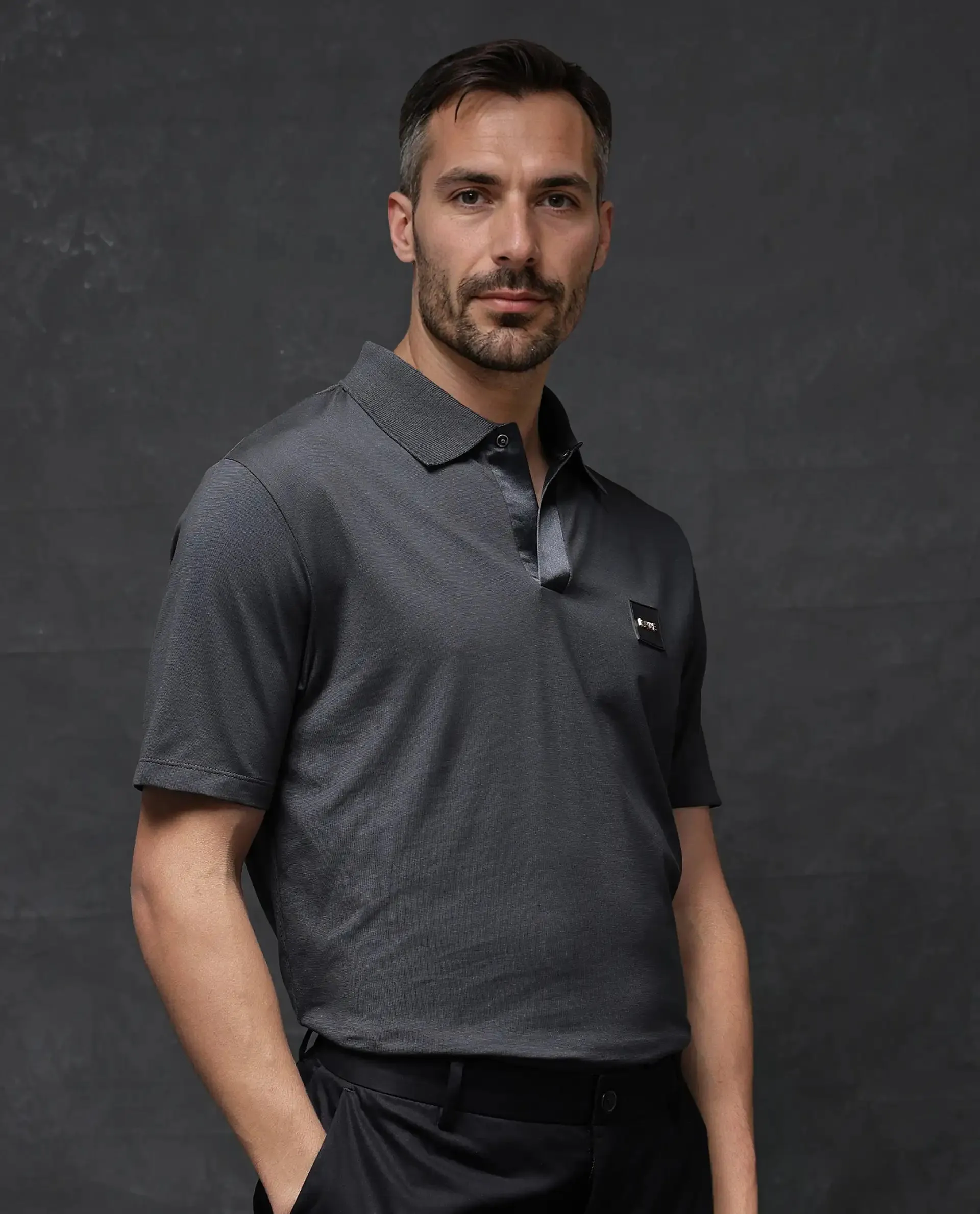 Rare Rabbit Men Centor Dark Grey Short Sleeve Regular Collar Snap Button Closure Plain Polo
