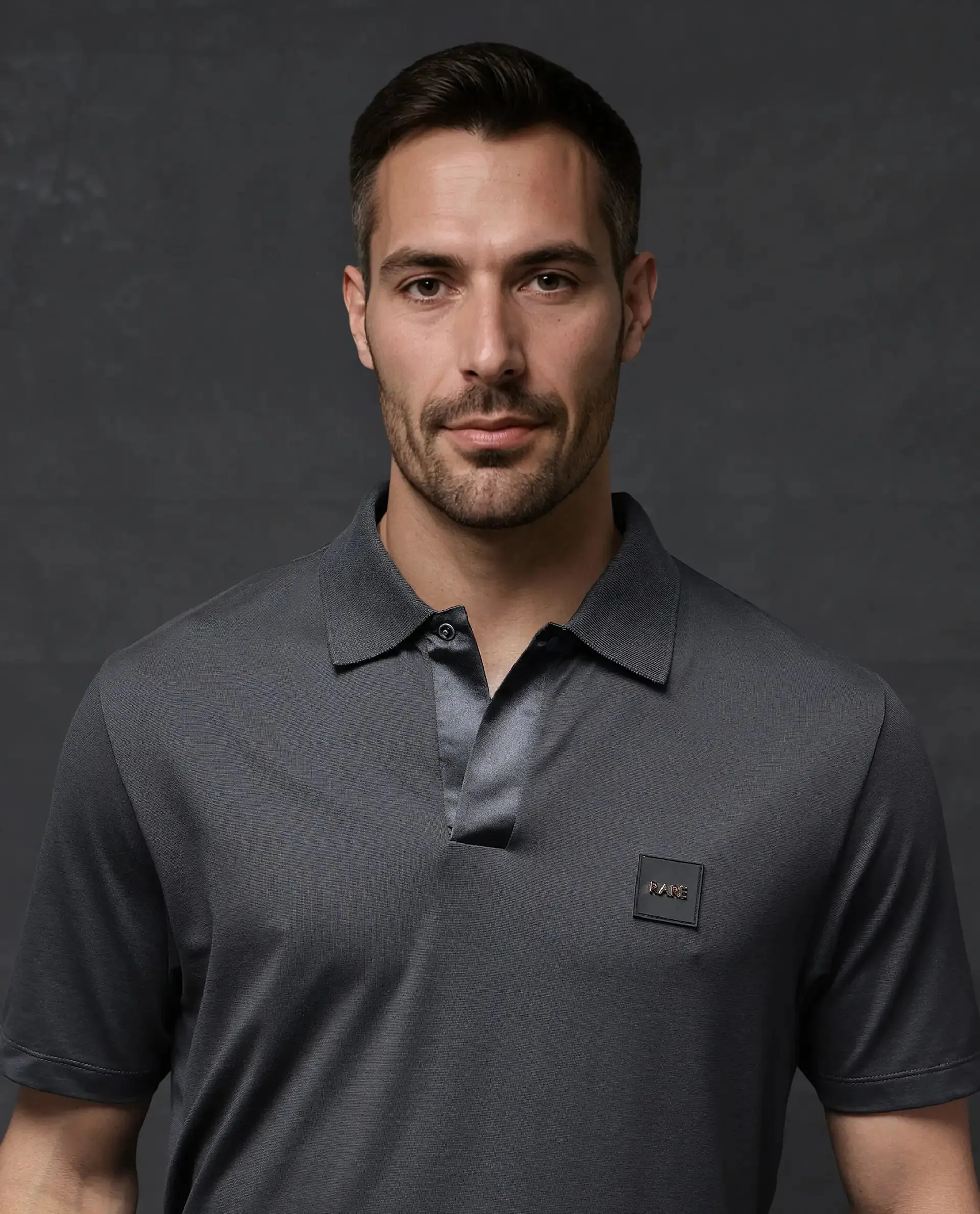 Rare Rabbit Men Centor Dark Grey Short Sleeve Regular Collar Snap Button Closure Plain Polo