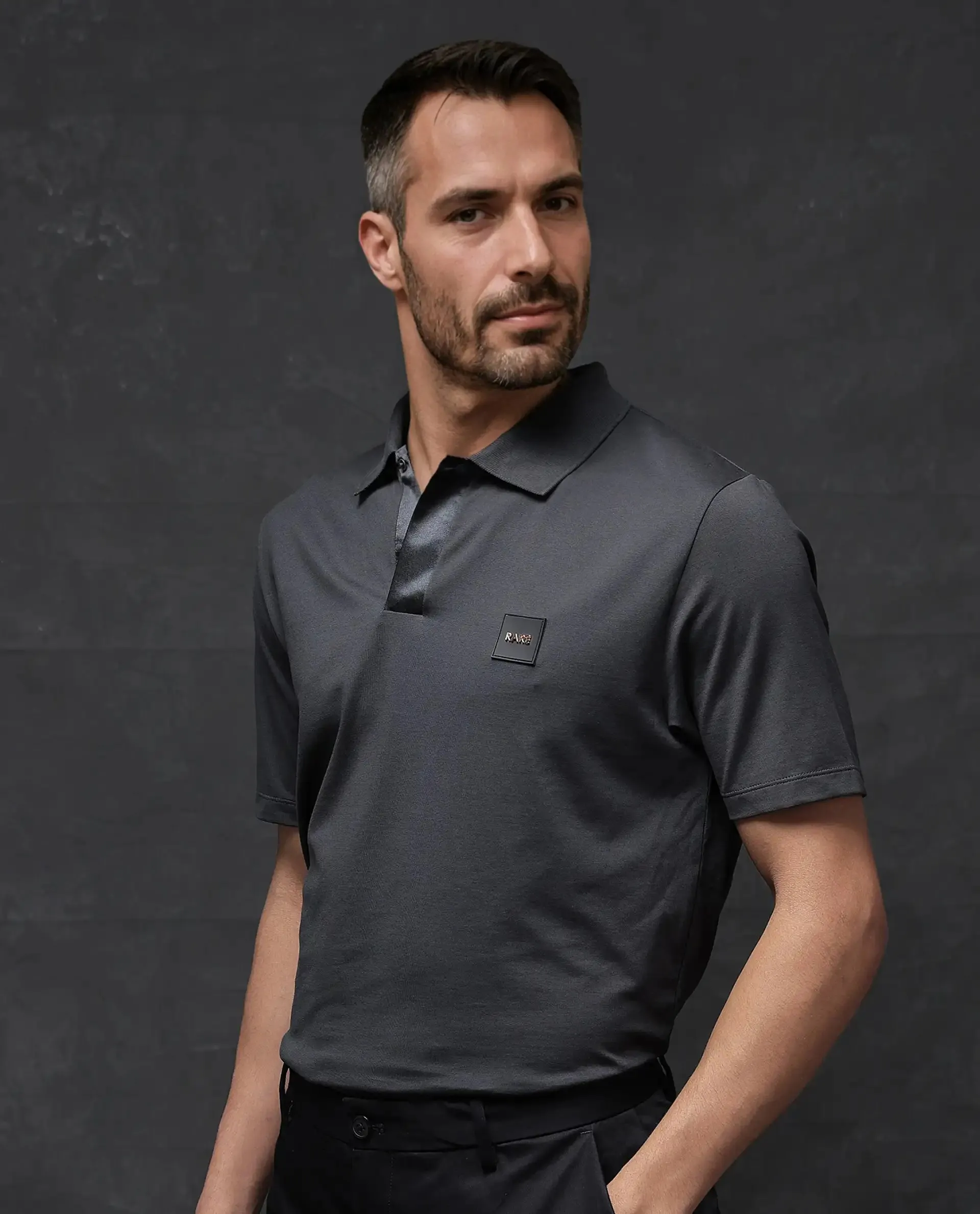 Rare Rabbit Men Centor Dark Grey Short Sleeve Regular Collar Snap Button Closure Plain Polo